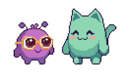 Two pixel art characters, a purple creature with glasses and a green cat with a happy expression, against a black background.