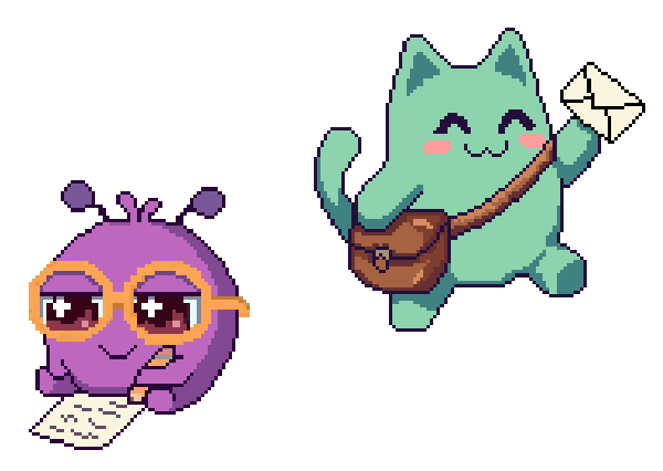 Pixel art characters of a purple creature with glasses and a paper, and a green cat with a mailbox and letter, both smiling.