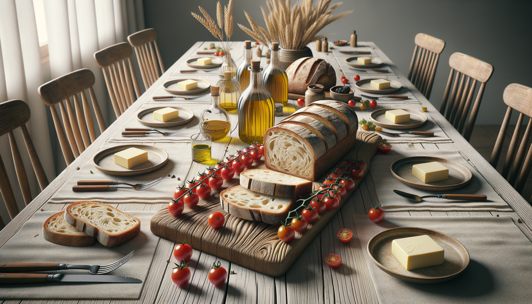 A dining table set with sliced bread, cherry tomatoes on the vine, butter, olive oil in bottles, and various dishes in a cozy kitchen.