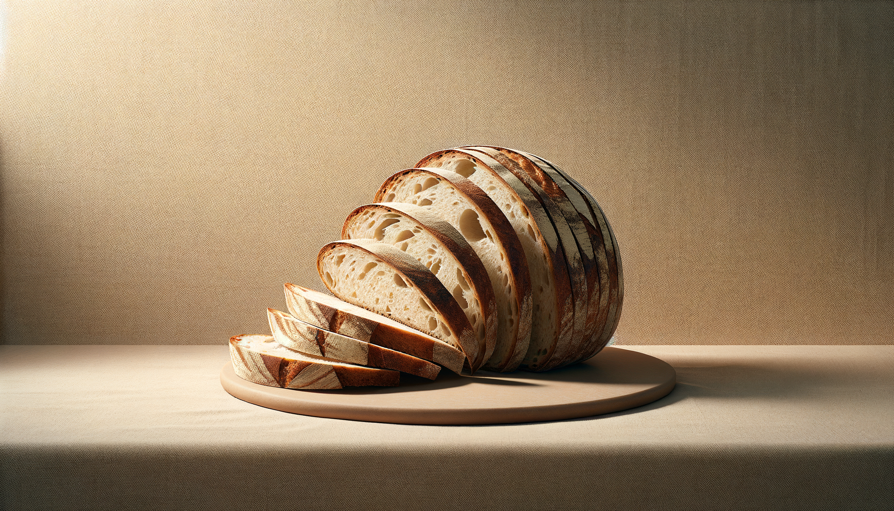 Sliced loaf of bread on a round cutting board with a plain beige background.