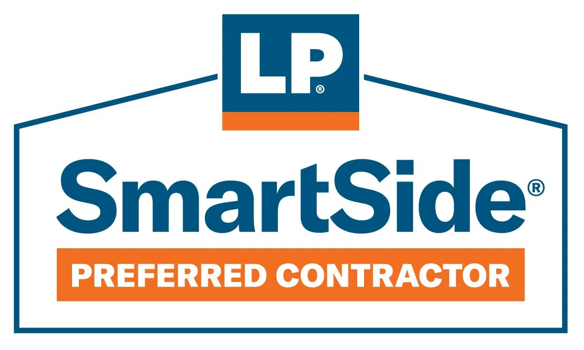 LP SmartSide Preferred Contractor logo with blue, orange, and white colors.