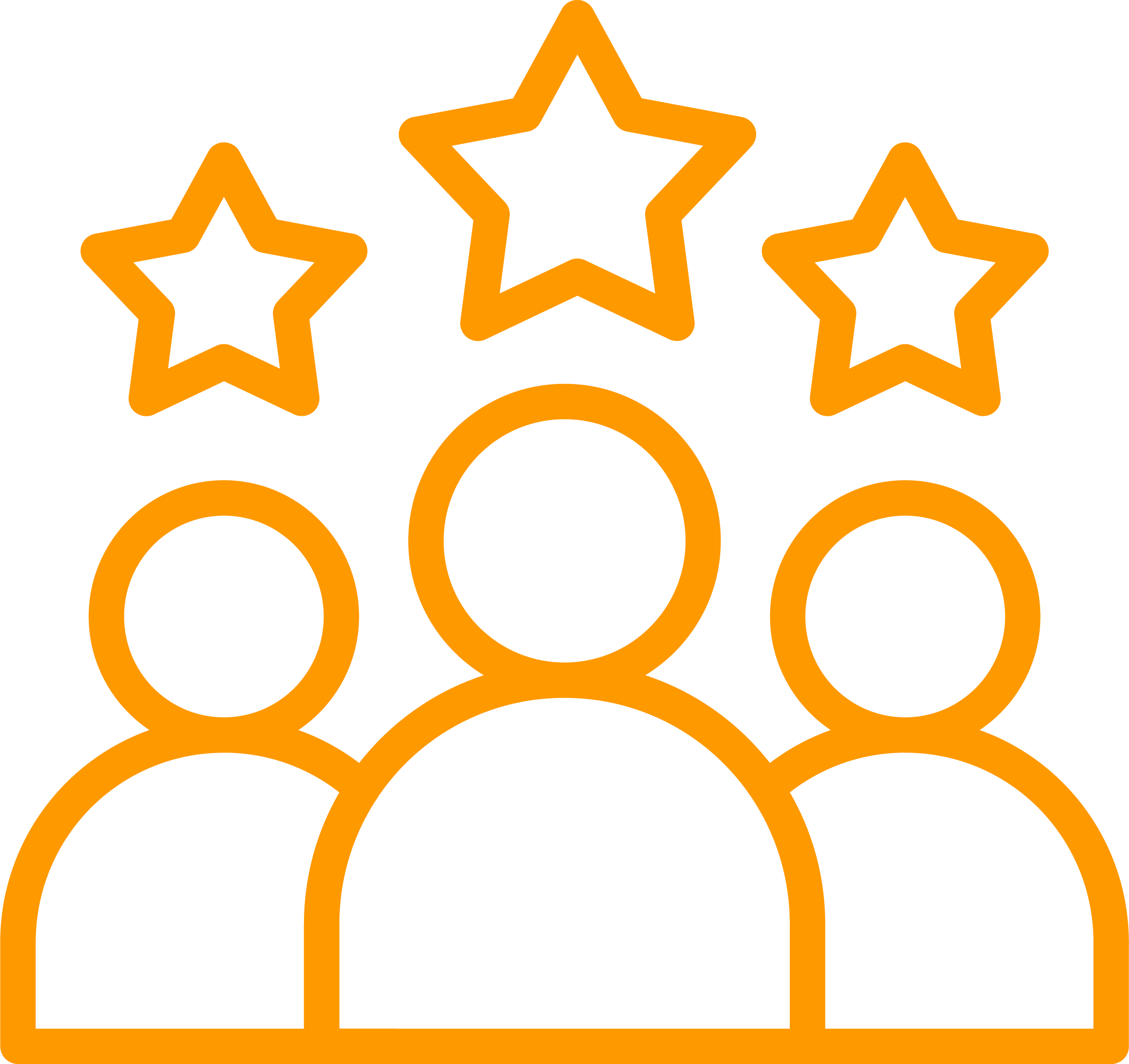 Outline of three people with three stars above them, representing recognition or achievement.