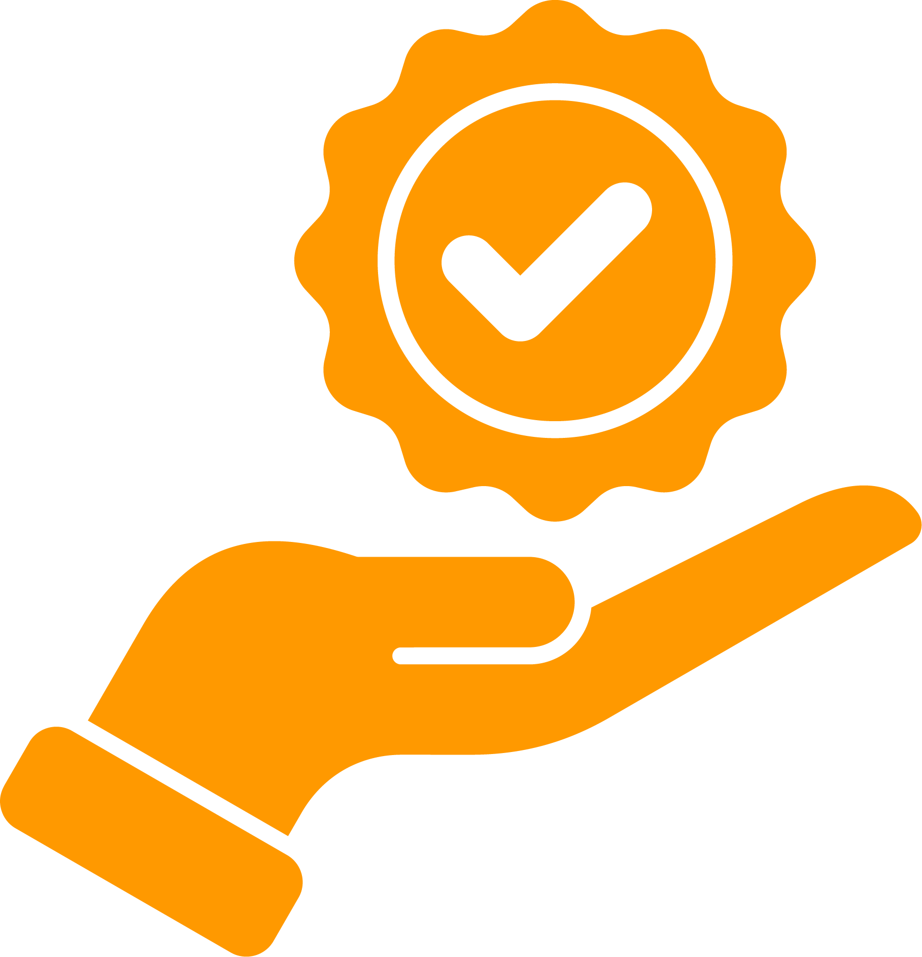 Icon of a hand holding a badge with an orange border and a checkmark inside.