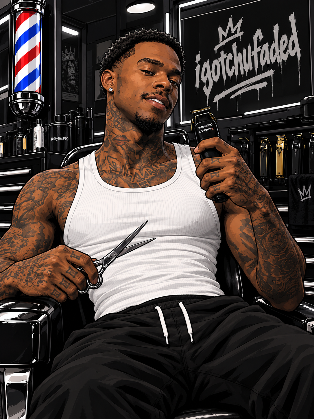 Tattooed man sitting in a barbershop, holding scissors in one hand and electric clippers in the other, smiling, with barbershop tools and products in the background.