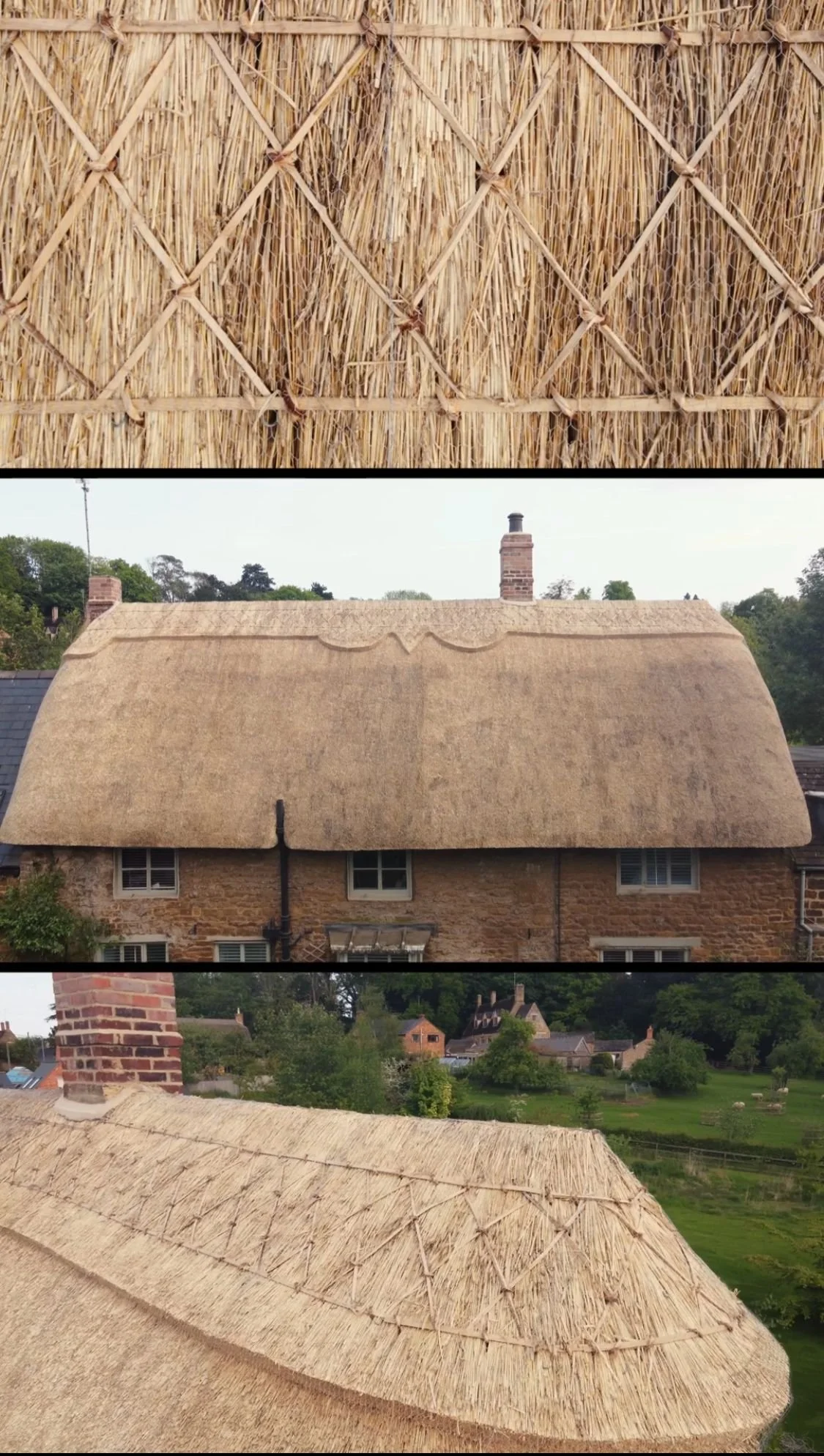 Close-up of thatched roofing on a traditional cottage with a chimney and lush green landscape in the background.