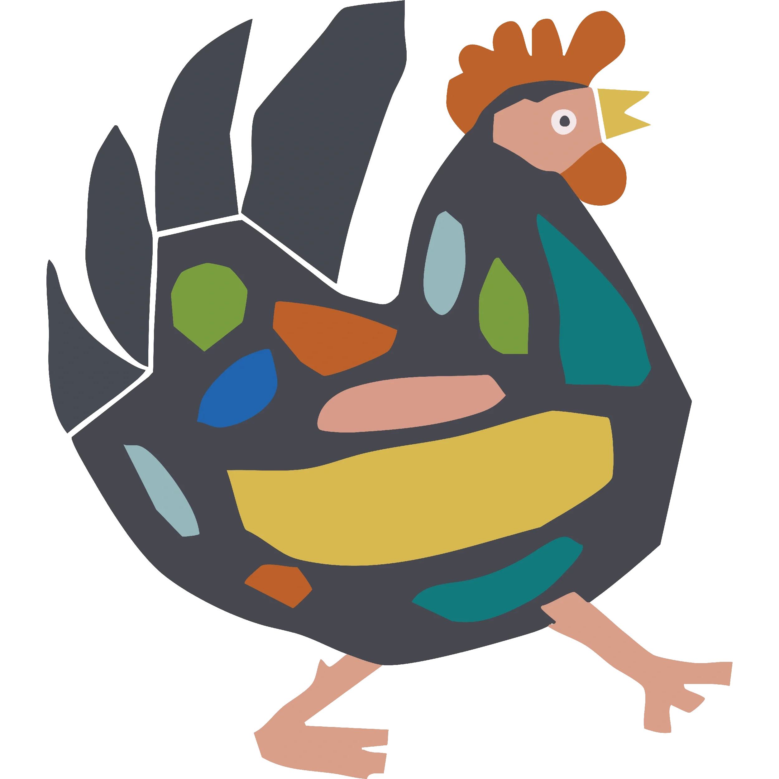 A cartoon illustration of a rooster with a bright red comb, black and gray feathers, and yellow beak, appearing to be in motion.