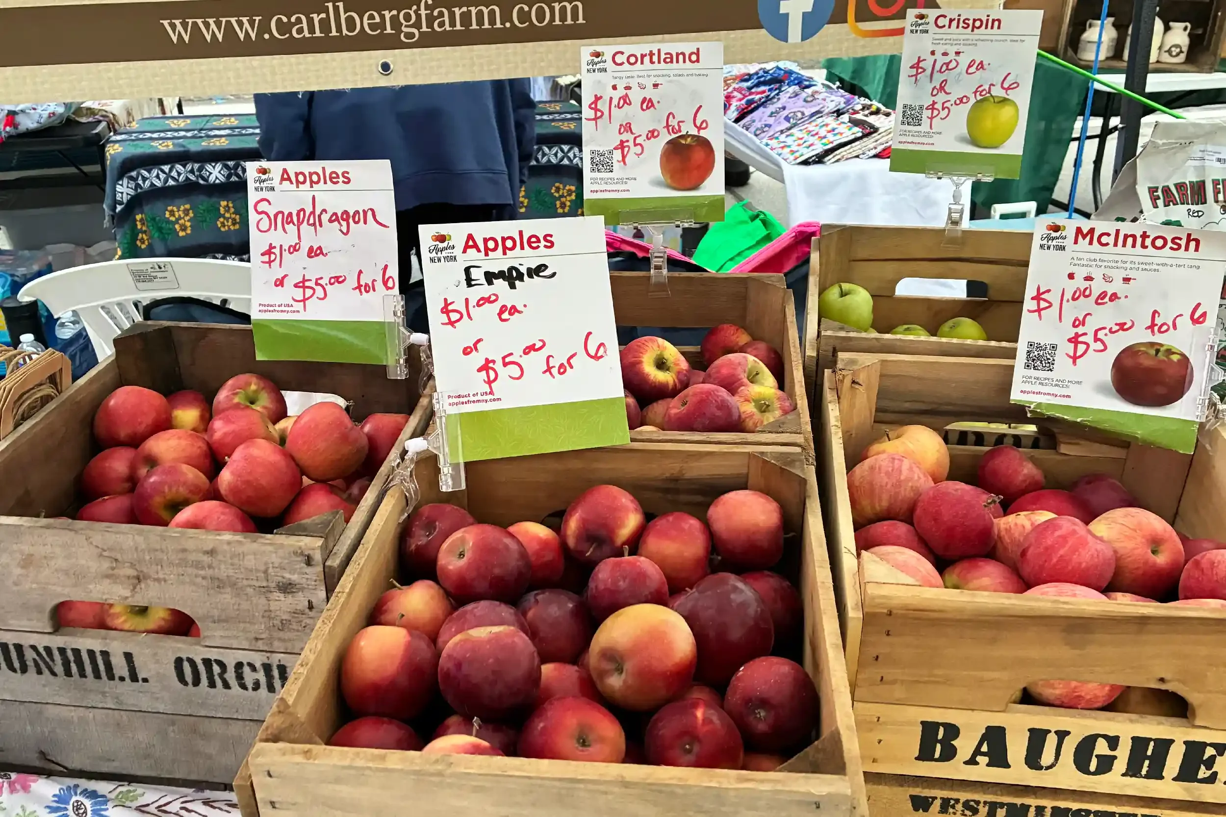 Various crates filled with apples at a market stall, with signs indicating different types of apples and their prices. The signs read 'Snapdragon,' 'Empire,' 'Cortland,' and 'McIntosh,' with prices ranging from $1.00 to $1.50 each or six for $5.00.