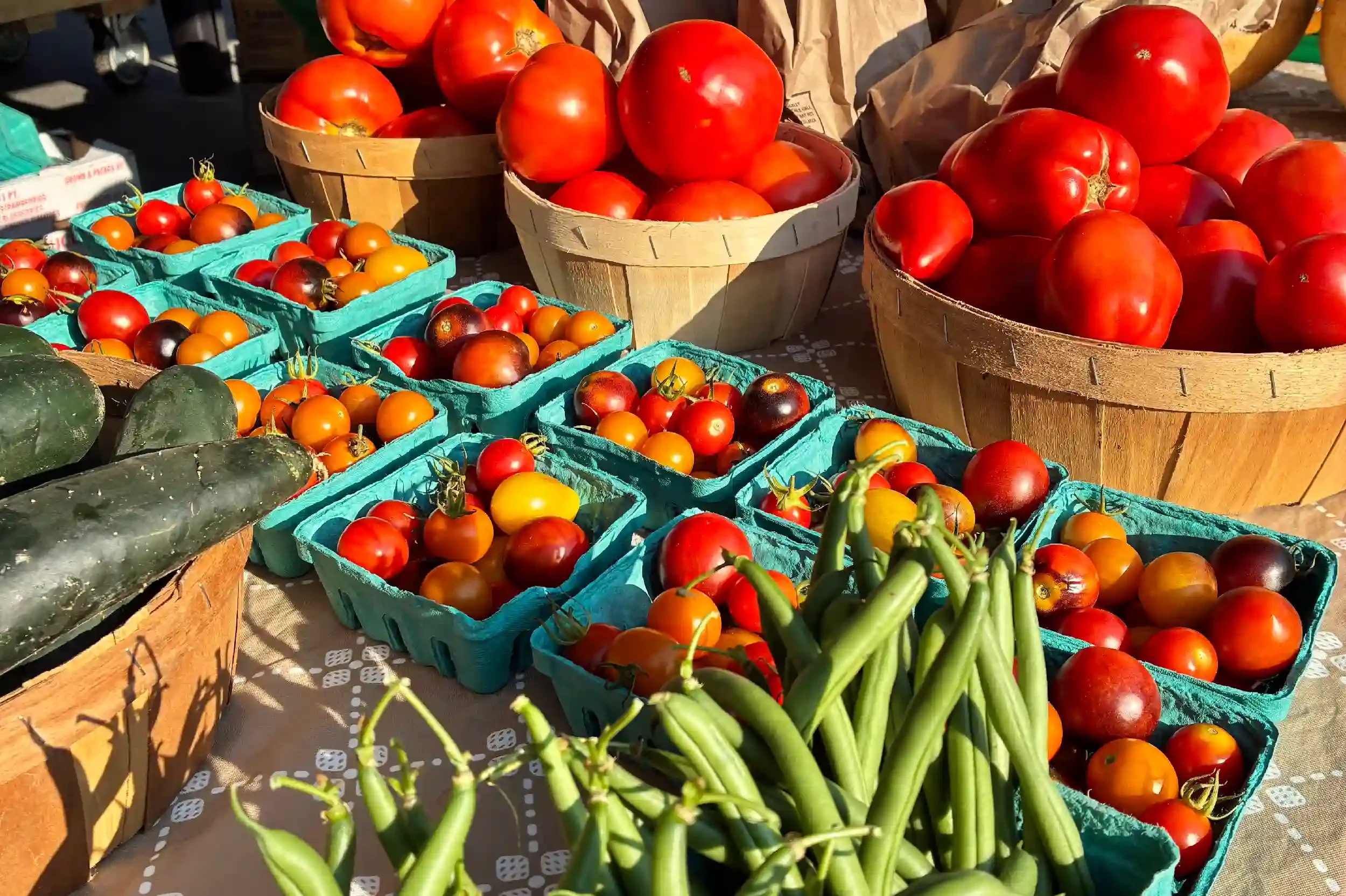 Various tomatoes in different colors and sizes displayed in baskets at an outdoor market.