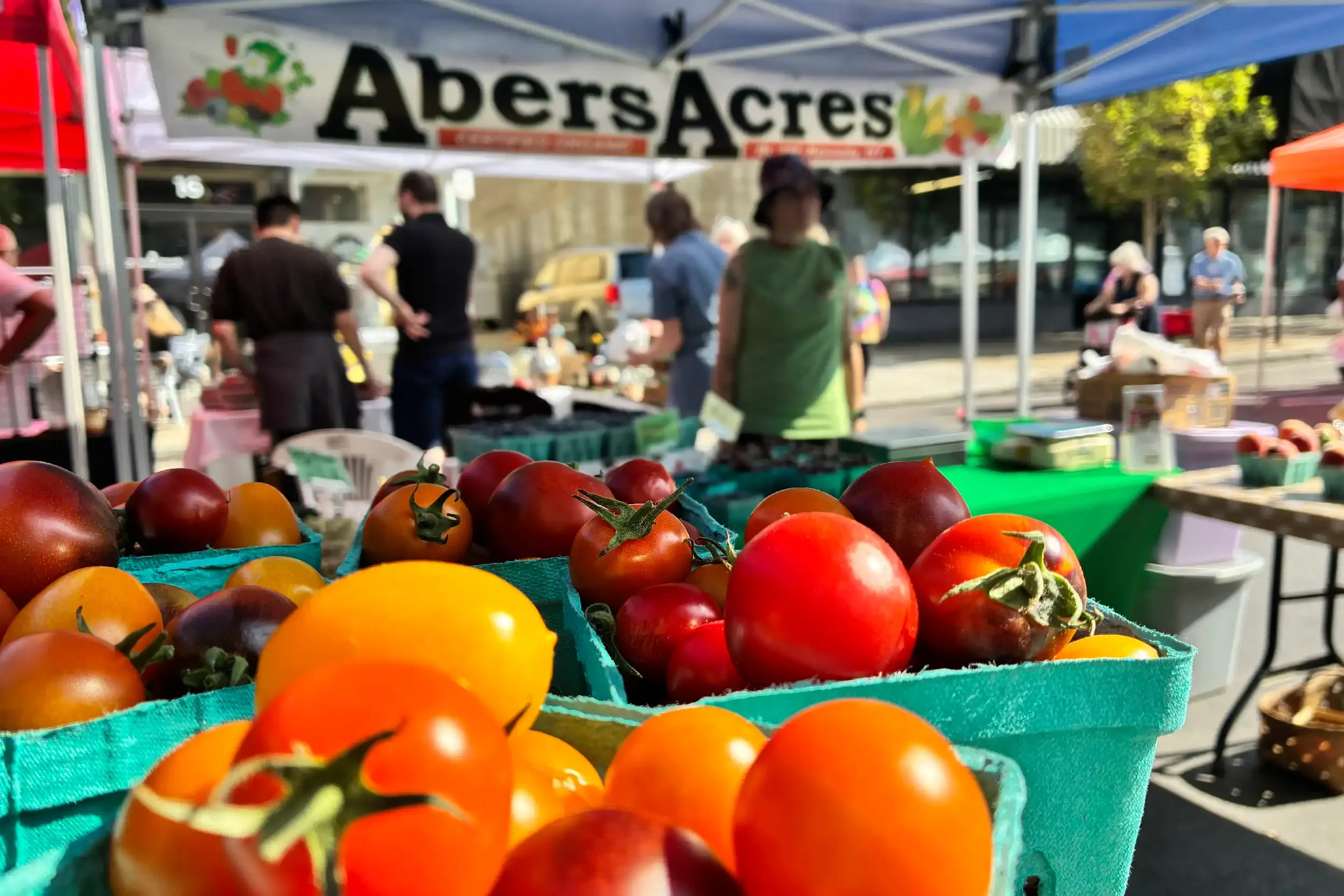 Baskets of fresh tomatoes at a street market with vendors and shoppers in the background, and a banner that says 'AdersAcre'.