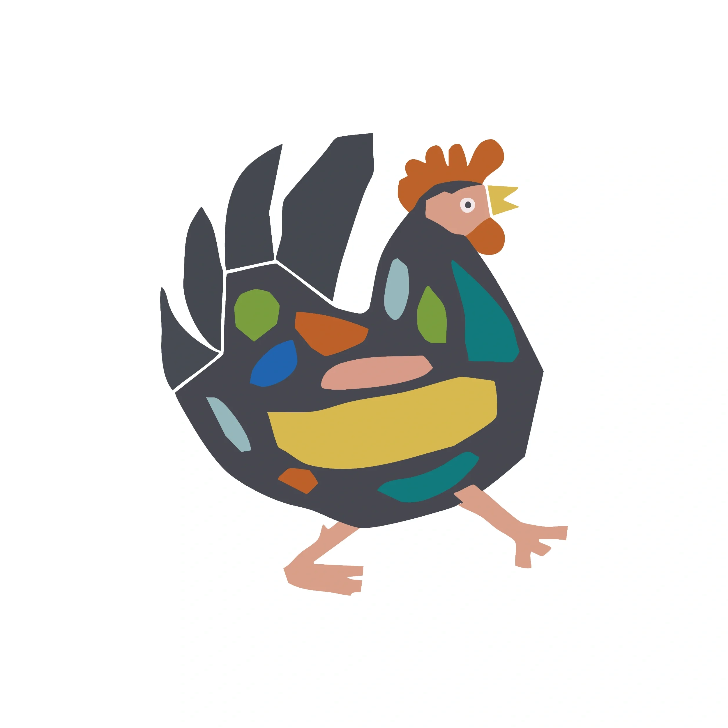 A cartoon illustration of a rooster with a bright red comb, black and gray feathers, and yellow beak, appearing to be in motion.