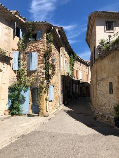 A narrow street lined with old stone buildings with blue shutters, some with greenery climbing on the walls, in a small European town on a sunny day.