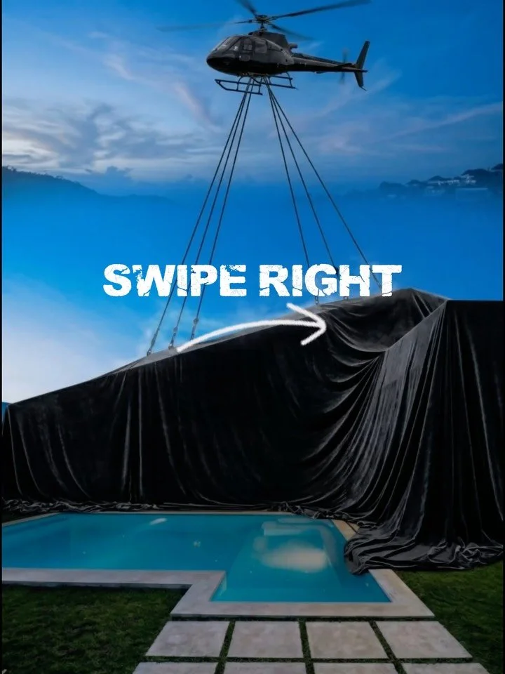 Cinematic reveal shot of a modern tropical luxury villa (use reference image for exact structure and perspective).

Start with the villa fully covered by a massive black velvet cloth &mdash; 100% hidden, no visible parts of the building. The cloth is