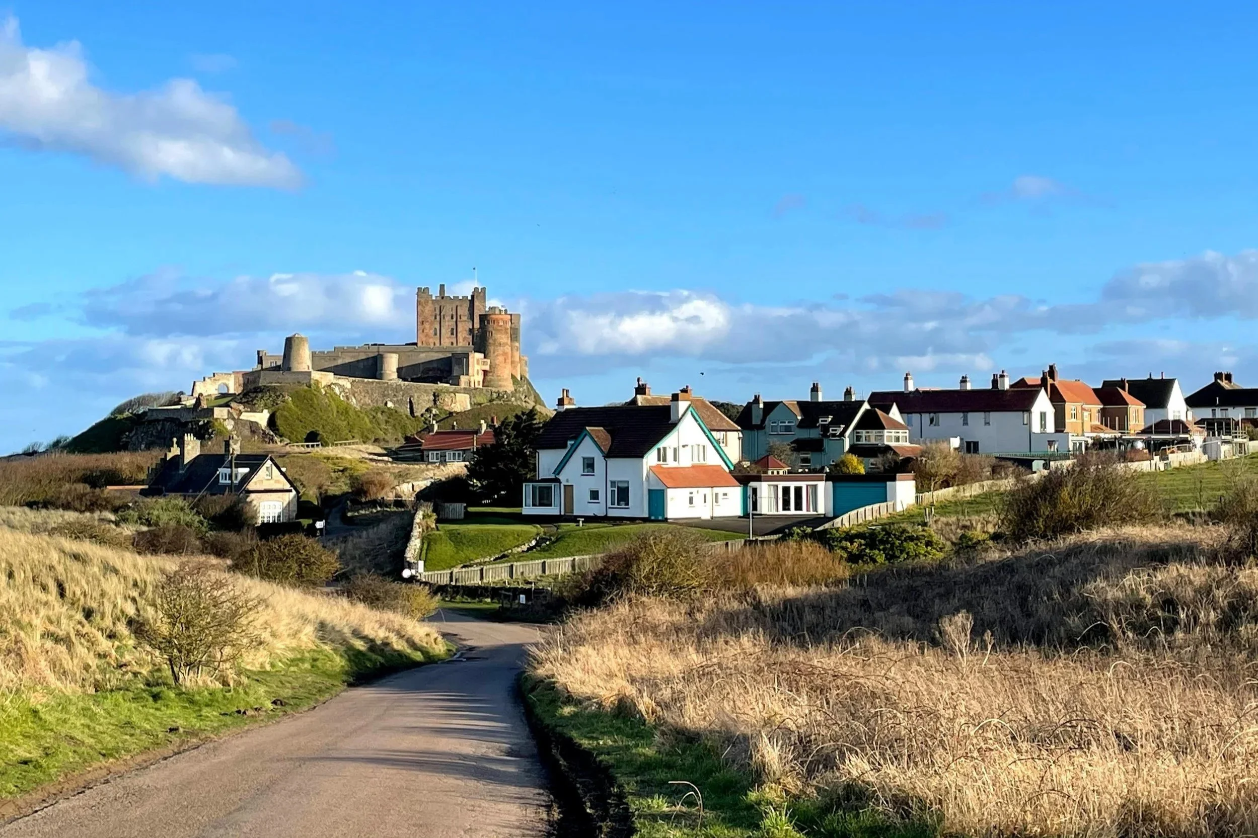 Path leading through grassy fields towards a small town with colorful houses and a castle on a hill in the distance.