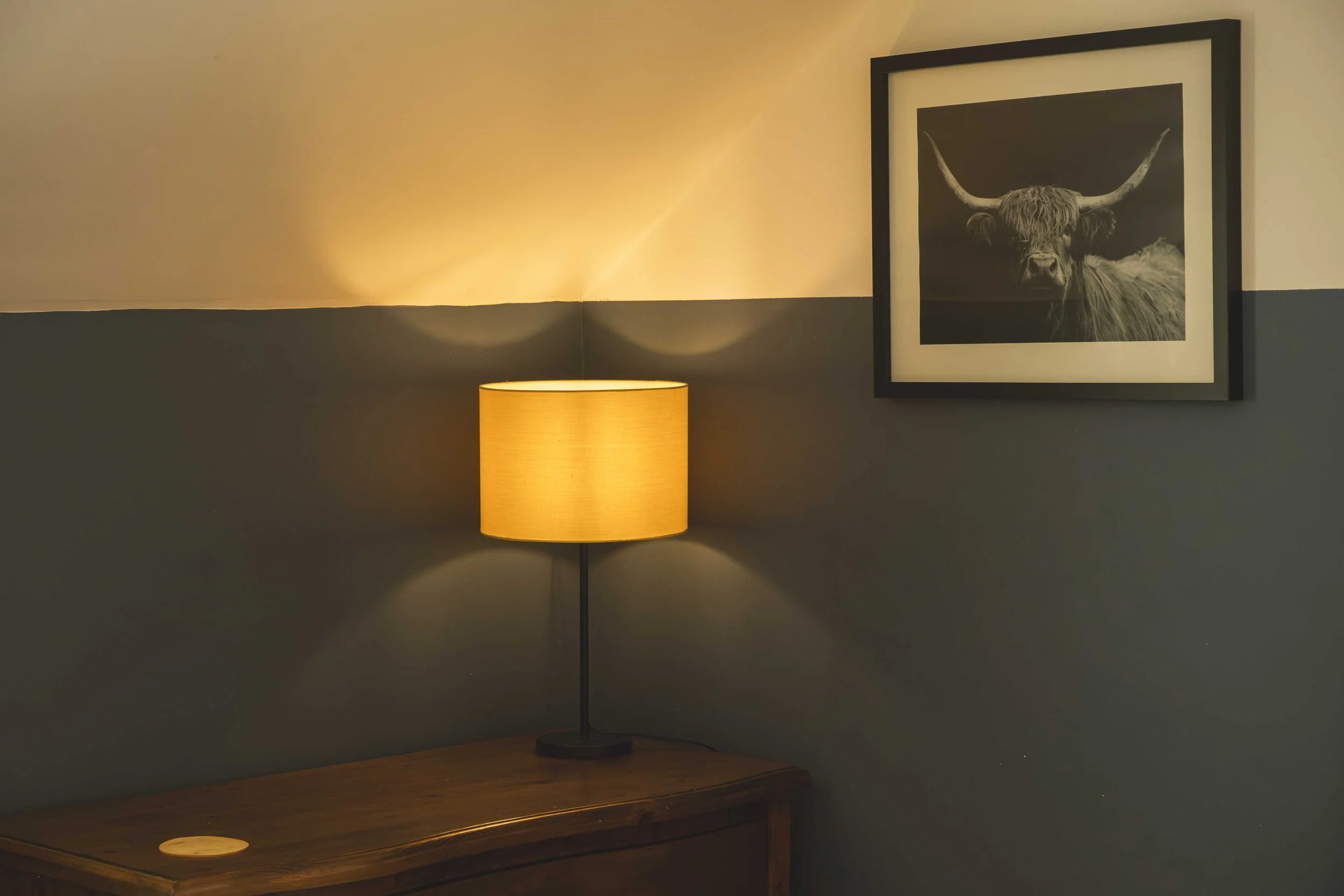 A wall with a black and white framed photo of a Highland cow with long hair and large horns. A yellow table lamp with a cylindrical shade is on a wooden sideboard, casting warm light on the wall.