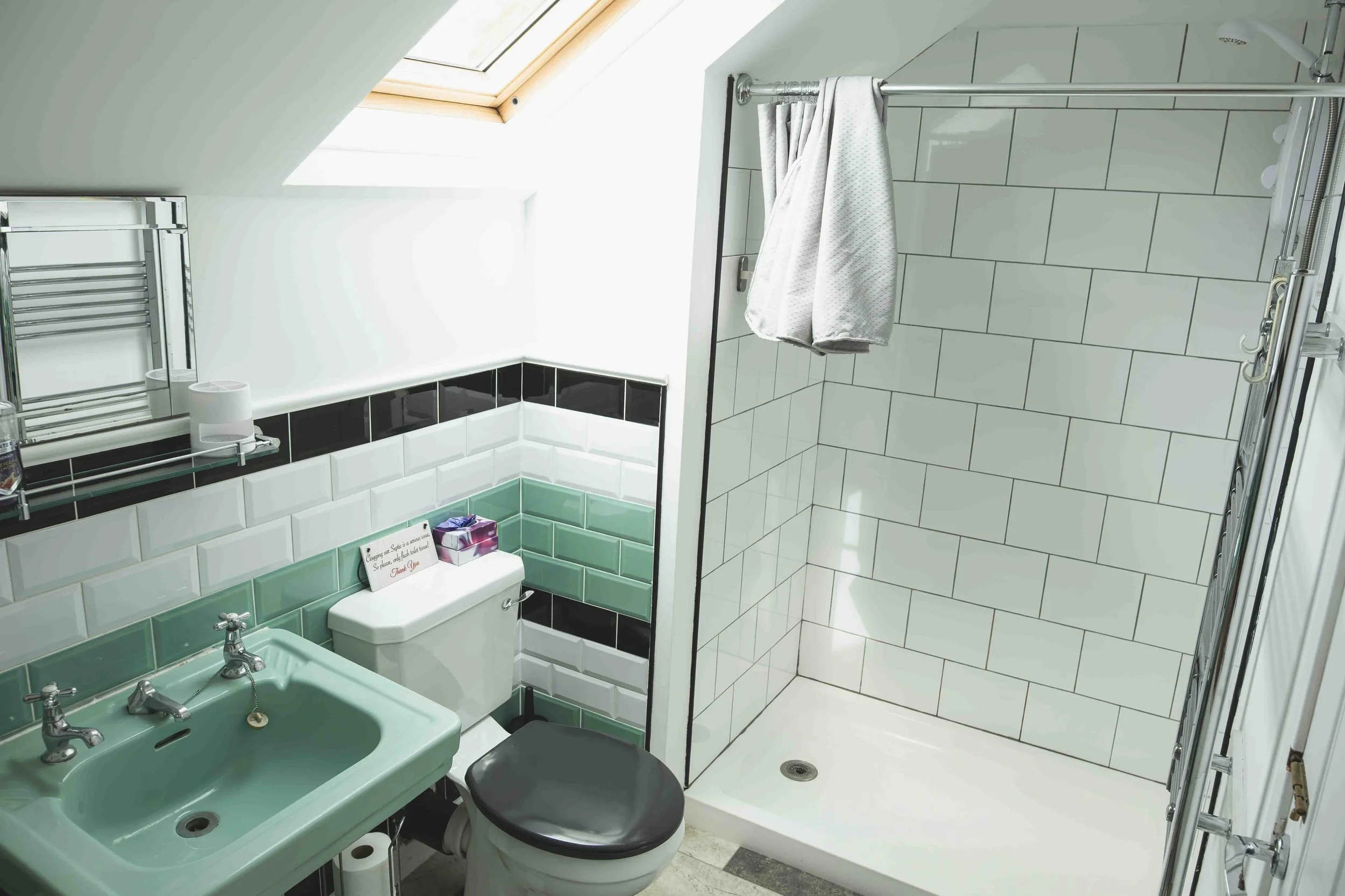 A small bathroom with a skylight window, green sink, toilet, and a tiled shower area. The bathroom has white and black tiles with a towel hanging on a rod and supplies on a shelf.