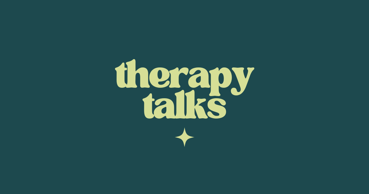 Text reading 'therapy talks' with a small star below the words, on a dark green background.