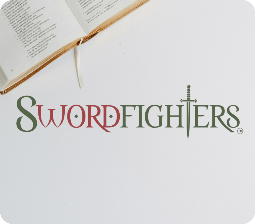 An open book and the word Swordfighters with a sword forming the letter T on a white background.