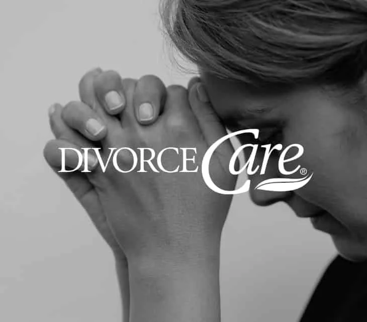 A woman with clasped hands and closed eyes appears thoughtful; the text “DivorceCare” is overlaid on the image.
