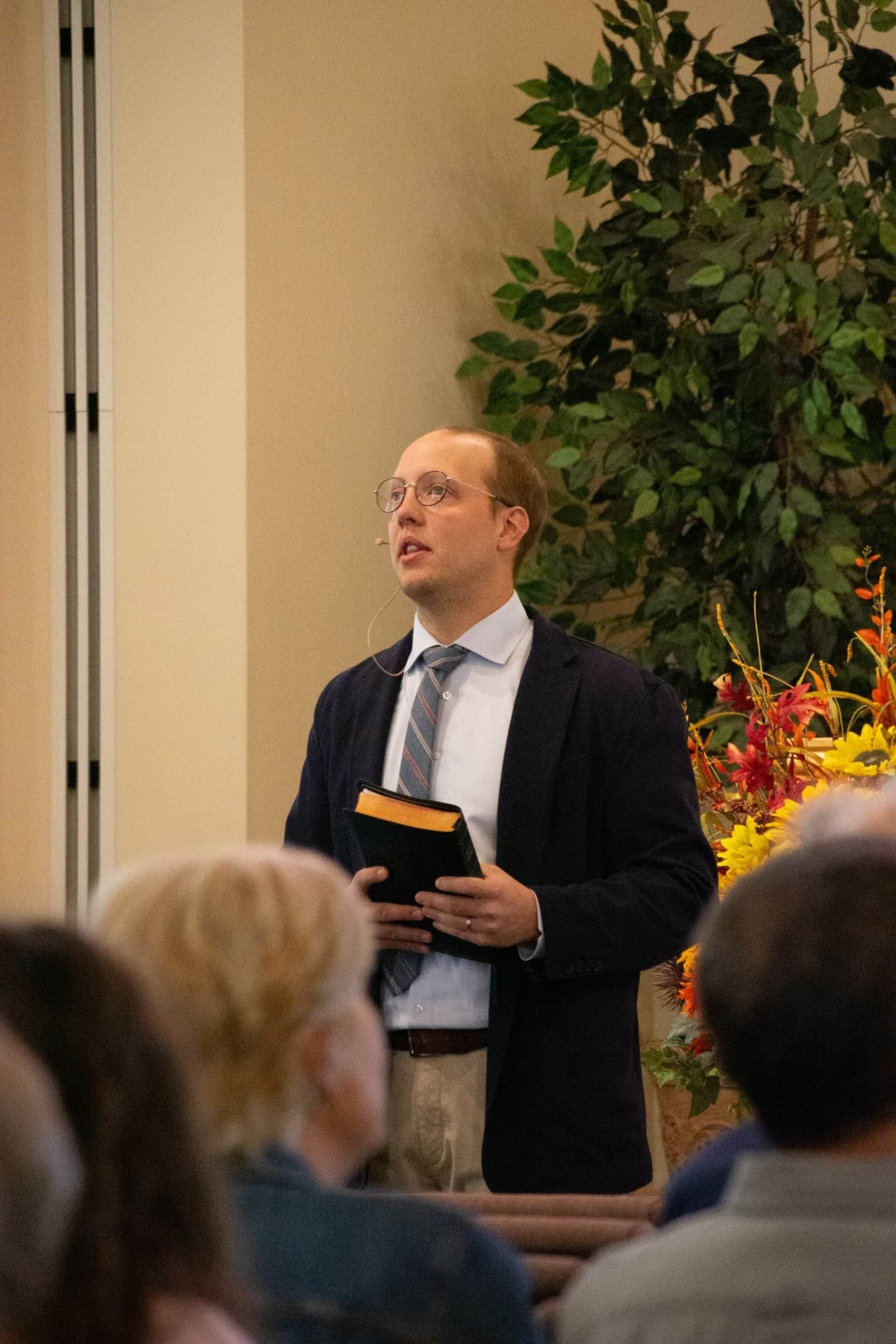 Pastor Josh Harstine preaches at Forestgate Presbyterian Church.
