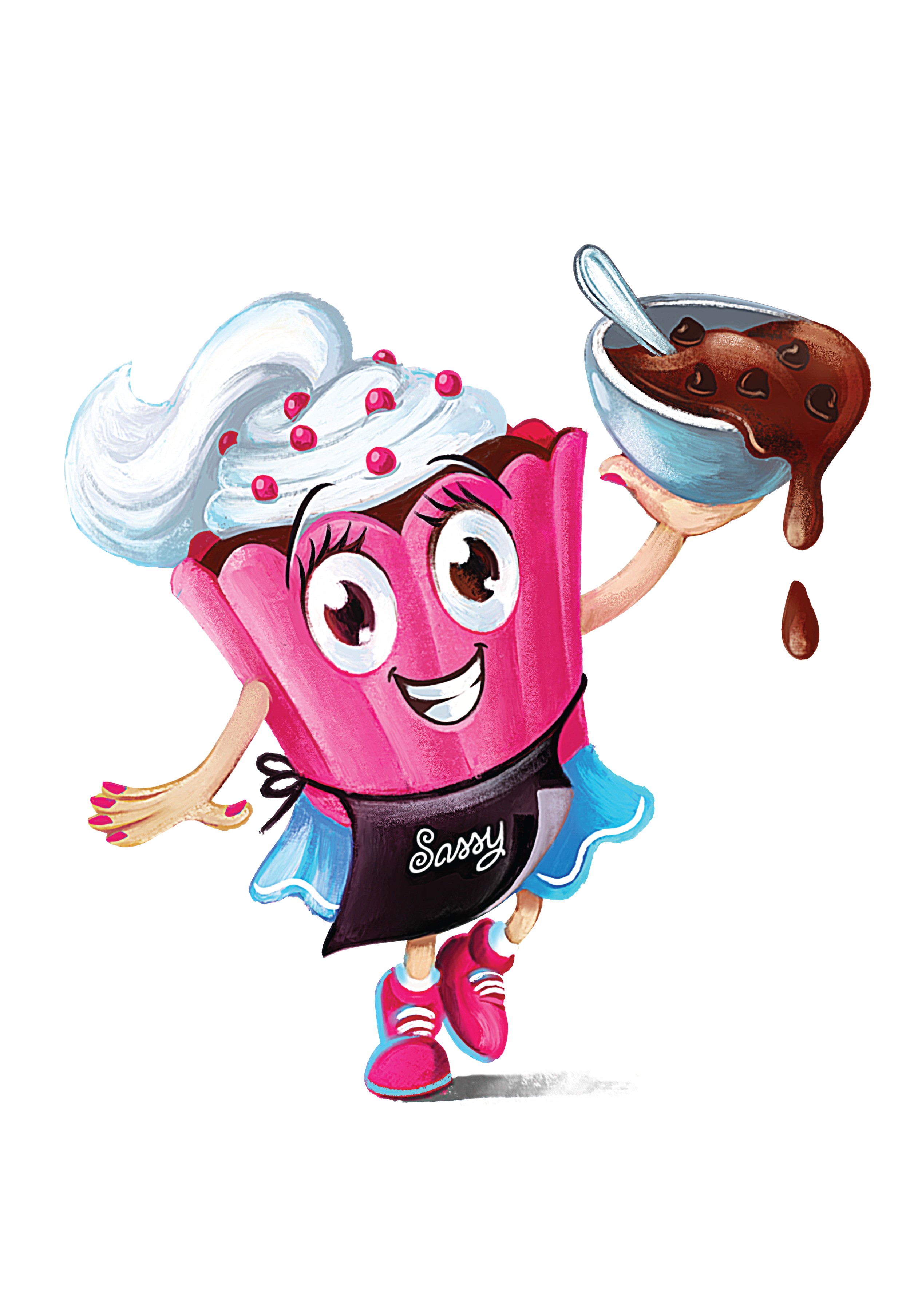 A colorful cartoon character of a pink cupcake with white frosting and pink sprinkles, smiling, wearing a black apron with the word 'Sassy,' pink shoes, and holding a spoon and mixing bowl filled with cake batter, standing on a yellow background.
