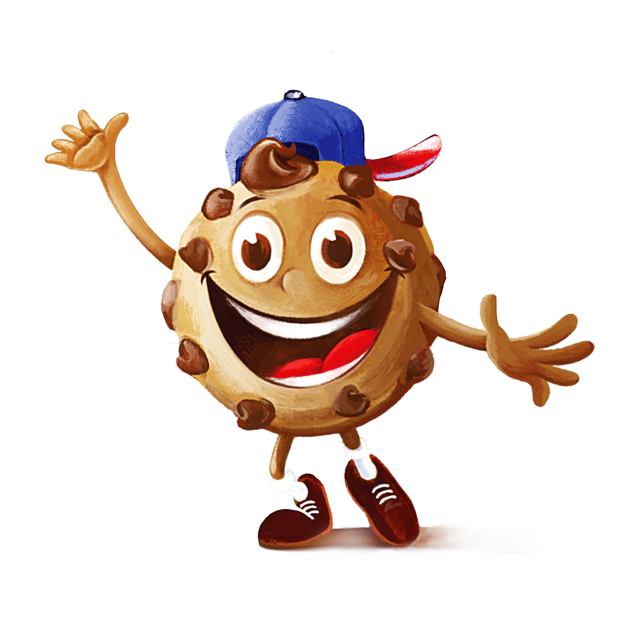 Animated character resembling a friendly monkey with large eyes, wearing red shoes, a red necklace, a blue hat, and a red cape, waving with one hand and smiling.