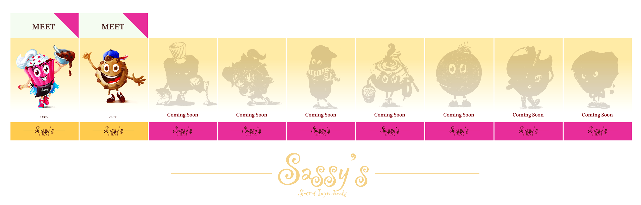 Sassy's bakery logo with two cartoon baked goods characters, a cupcake and a chocolate chip cookie, and a countdown of upcoming bakery items labeled "Coming Soon."