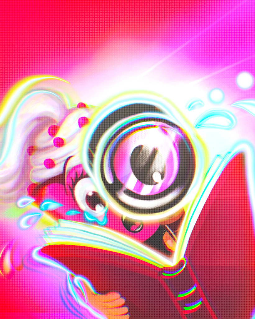 A colorful, abstract digital artwork featuring a character with a cartoonish eye, a book, and vibrant neon colors with pink, yellow, blue, and purple elements.