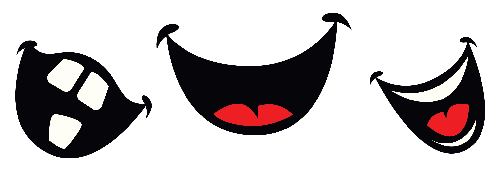 Stylized depiction of three faces showing emotions: on the left, an angry face with clenched teeth; in the center, a happy or mischievous face with red lips; on the right, an angry or ferocious face with a red tongue and pronounced eye makeup.