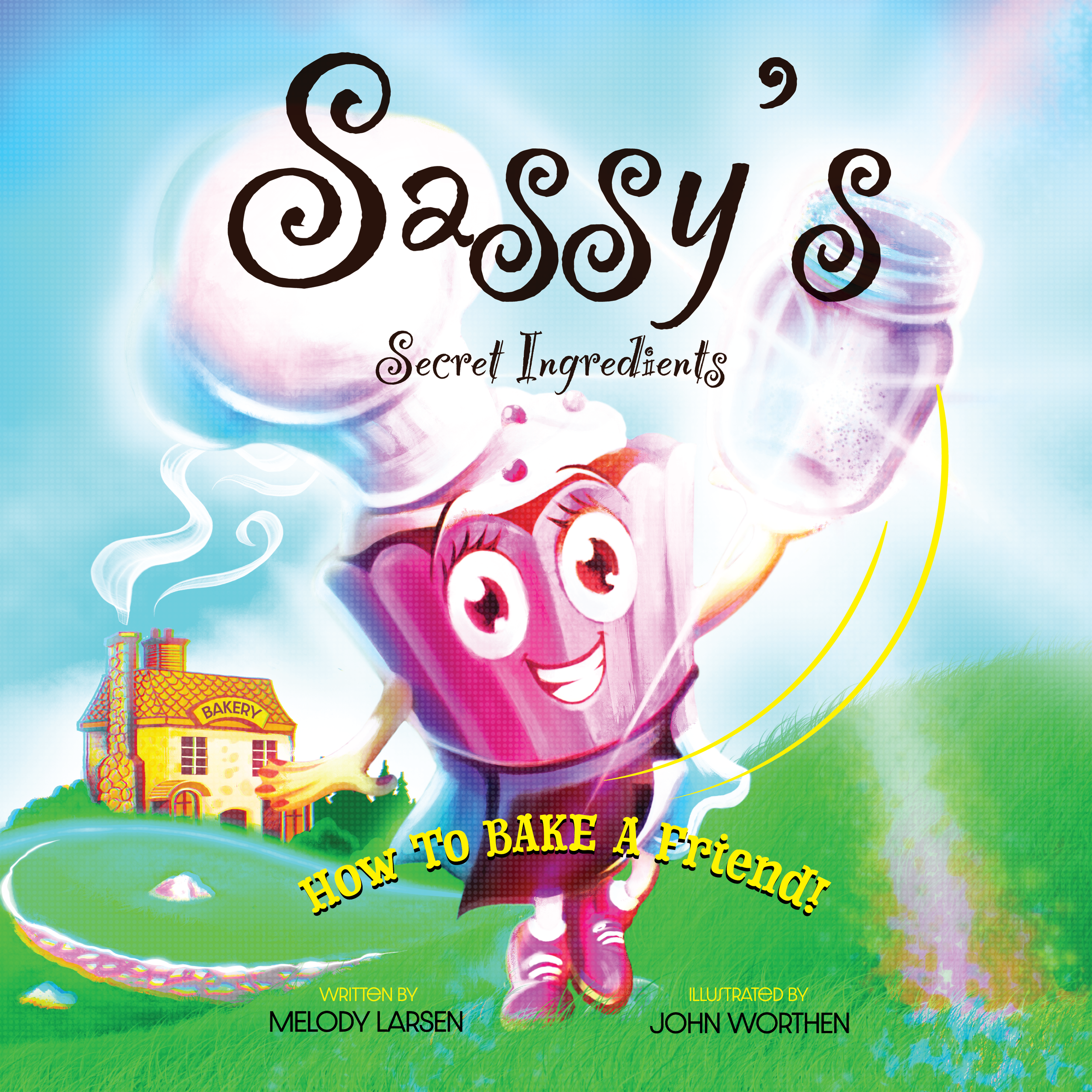 Colorful children's book cover titled "Oopsy Daisy, Secret Ingredients" with cartoonish character of a girl with purple hair and striped socks, standing on a grassy green hill, with a bakery building in the background, and rainbow colors in the sky.