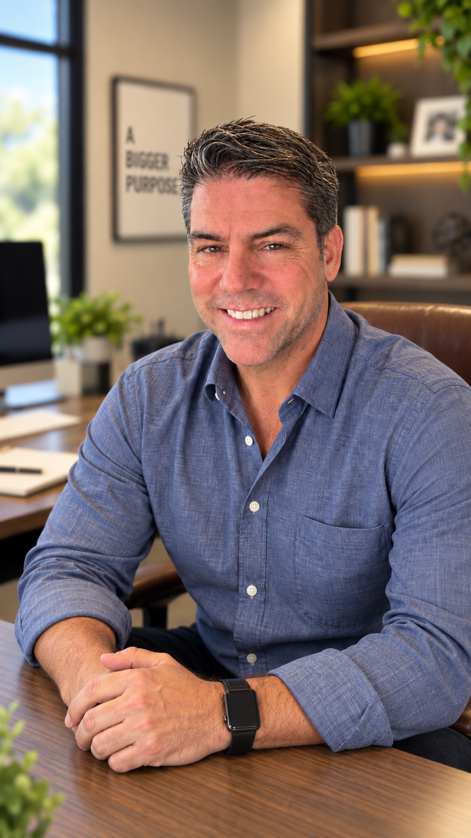 Professional portrait of Geoffrey Larsen seated at a modern office desk, smiling at the camera in a blue button-down shirt, with a softly blurred office background, plants, shelving, and a framed “A Bigger Purpose” sign.