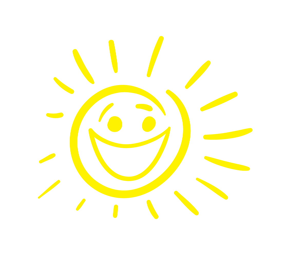Yellow smiley face with a wide smile, eyes, and radiating lines resembling the sun, on a black background.