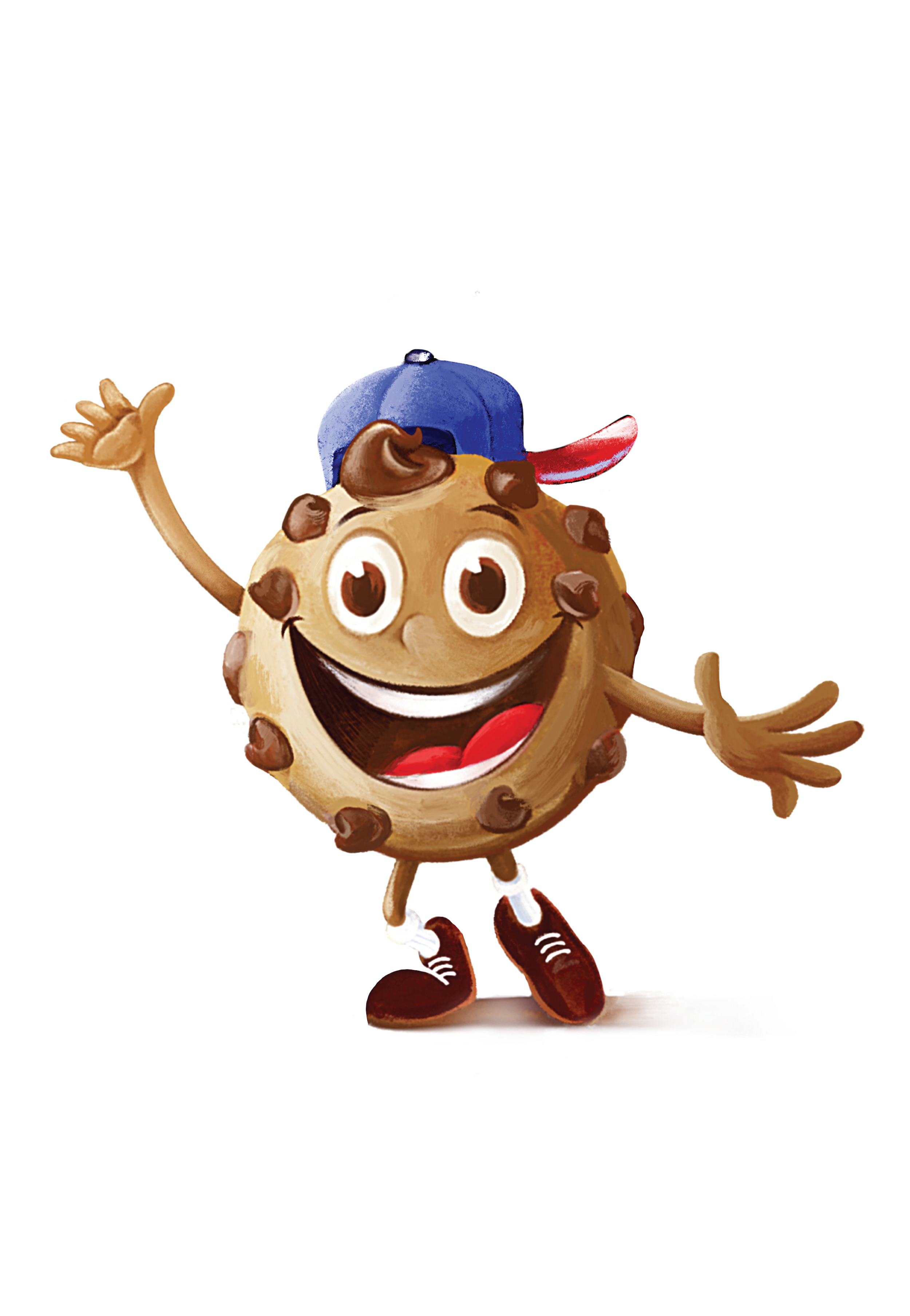 Animated character of a cartoon chocolate chip cookie with a big smile, waving with one hand, wearing sneakers, a blue hat, and a red tongue sticking out, in a playful pose.