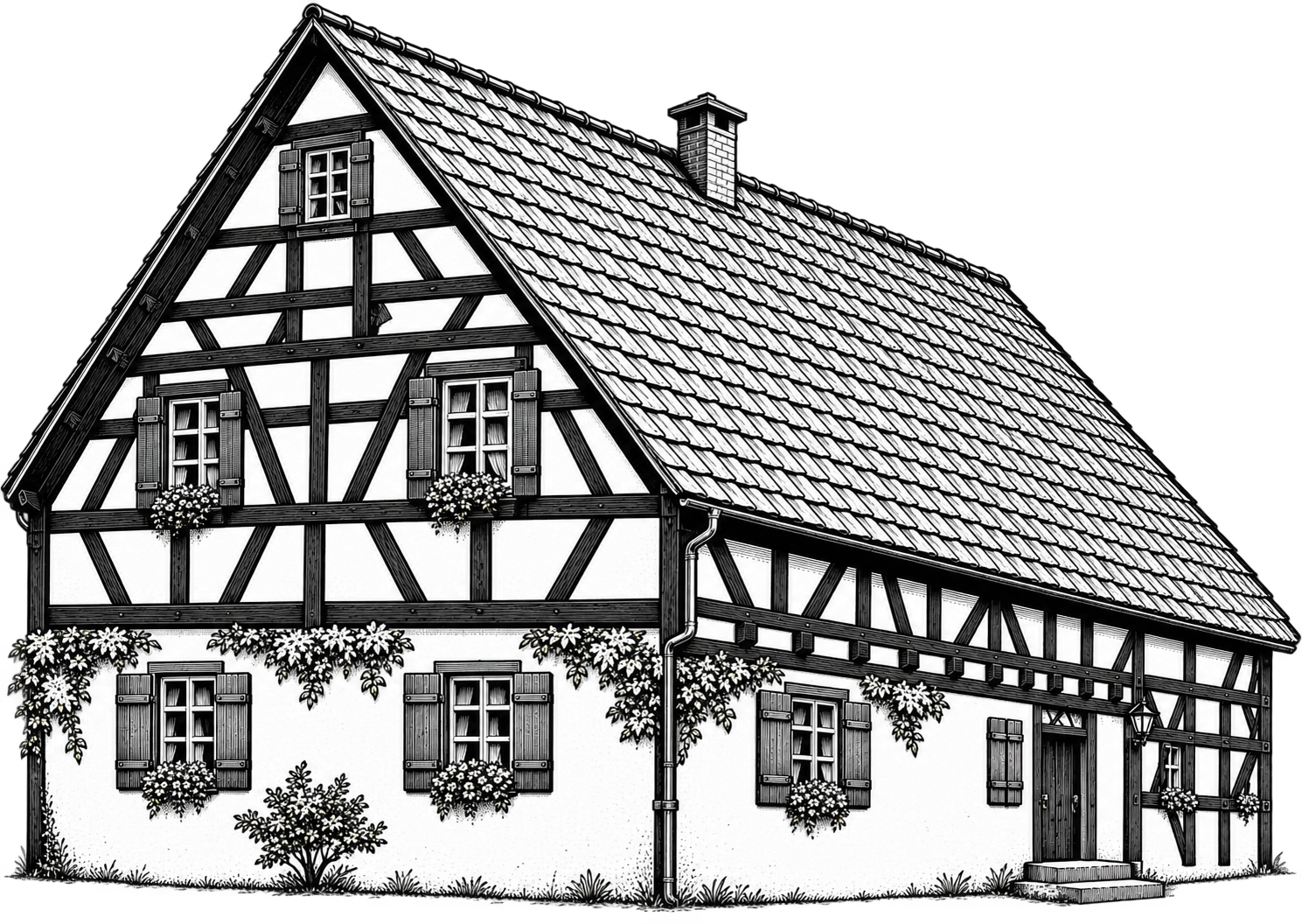 Ein traditionelles, halbholzständiges Bauernhaus mit weißen Wänden, dunklen Holzbalken, Schindeldach, mehreren Fenstern mit Blumen geschmückt.