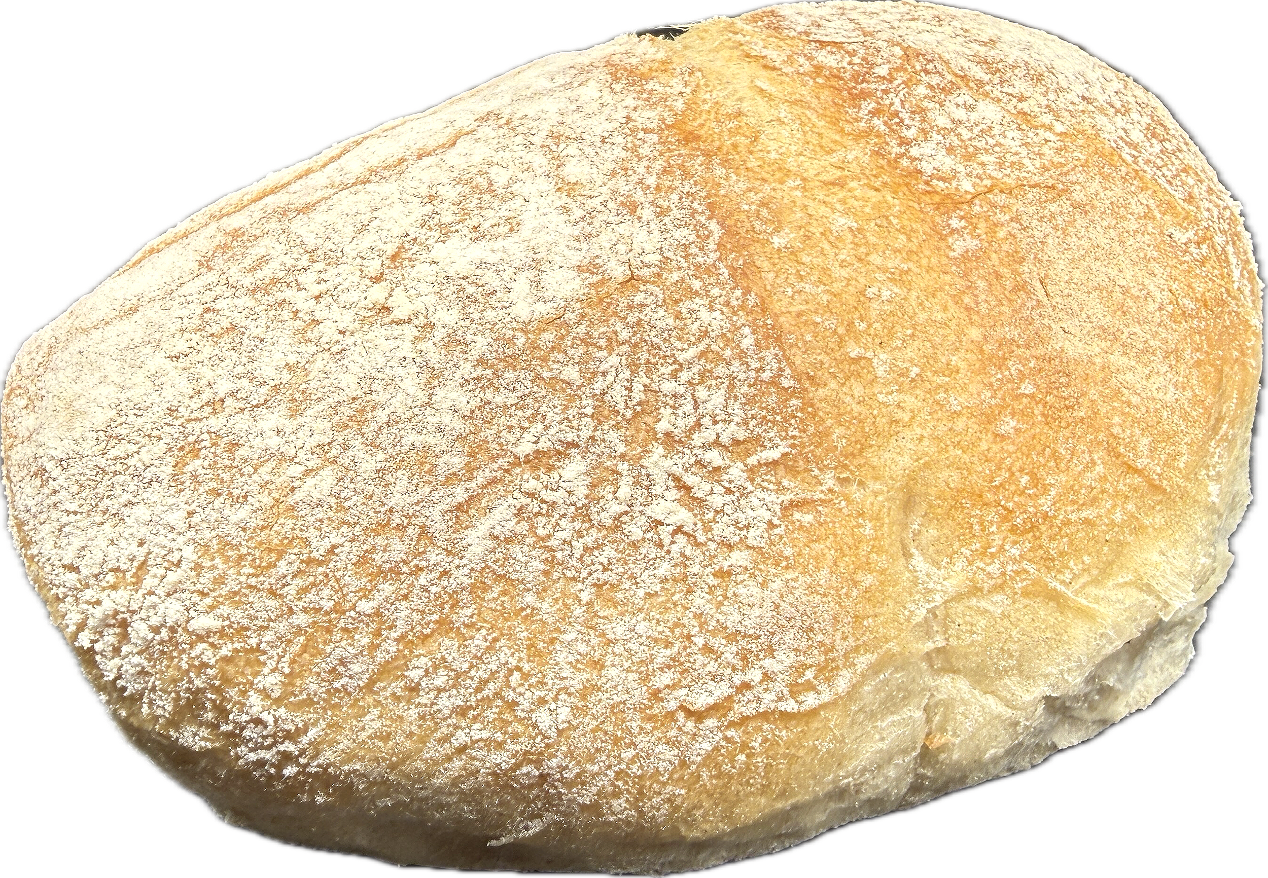Nahaufnahme eines Ciabattabrötchen mit leichter Mehlbestäubung auf der Oberfläche.