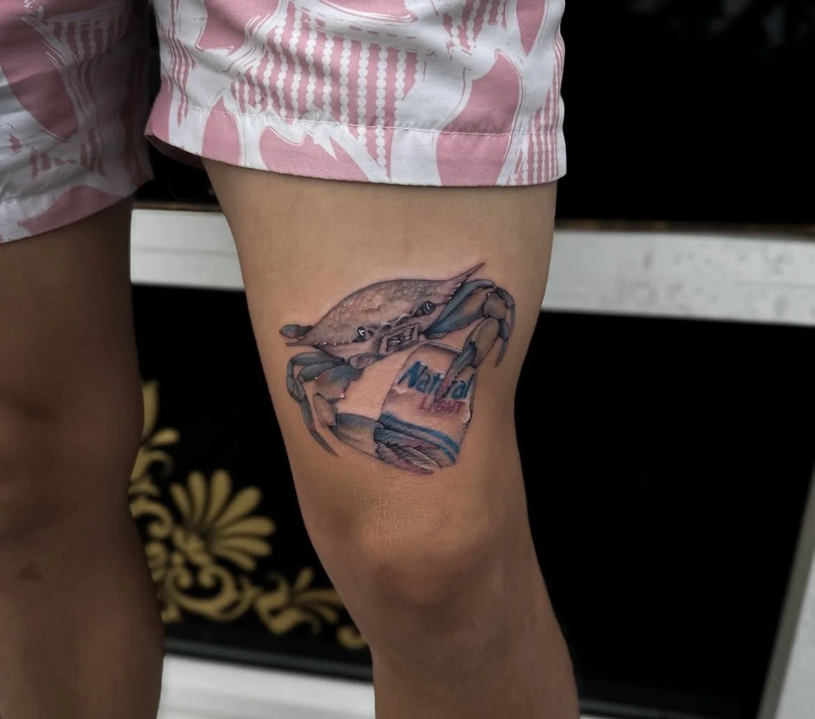 fine line crab tattoo color crab tattoo color realism tattoo in Stuart, Sewall’s Point, Hutchinson Island, Jensen Beach, Palm City, Port St. Lucie, Fort pierce, treasure coast and surrounding South Florida areas, leg tattoo, thigh tattoo