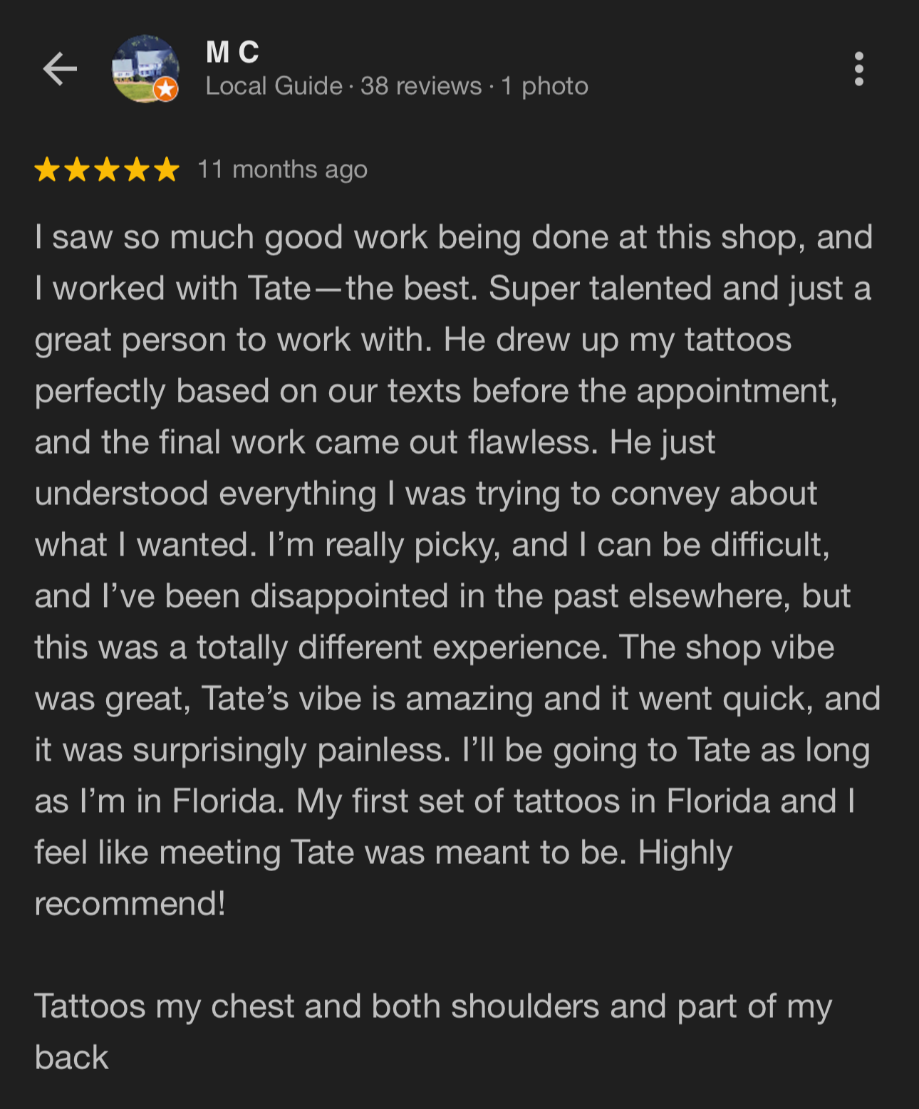 Customer review praising Tate's tattoo shop Tattoo artist near me realism tattoo black and grey realism tattoo letterring tattoo, fine line tattoo, in Tattoo artist near me Stuart, Tattoo artist near me Sewall’s Point, Tattoo artist near me Hutchinso