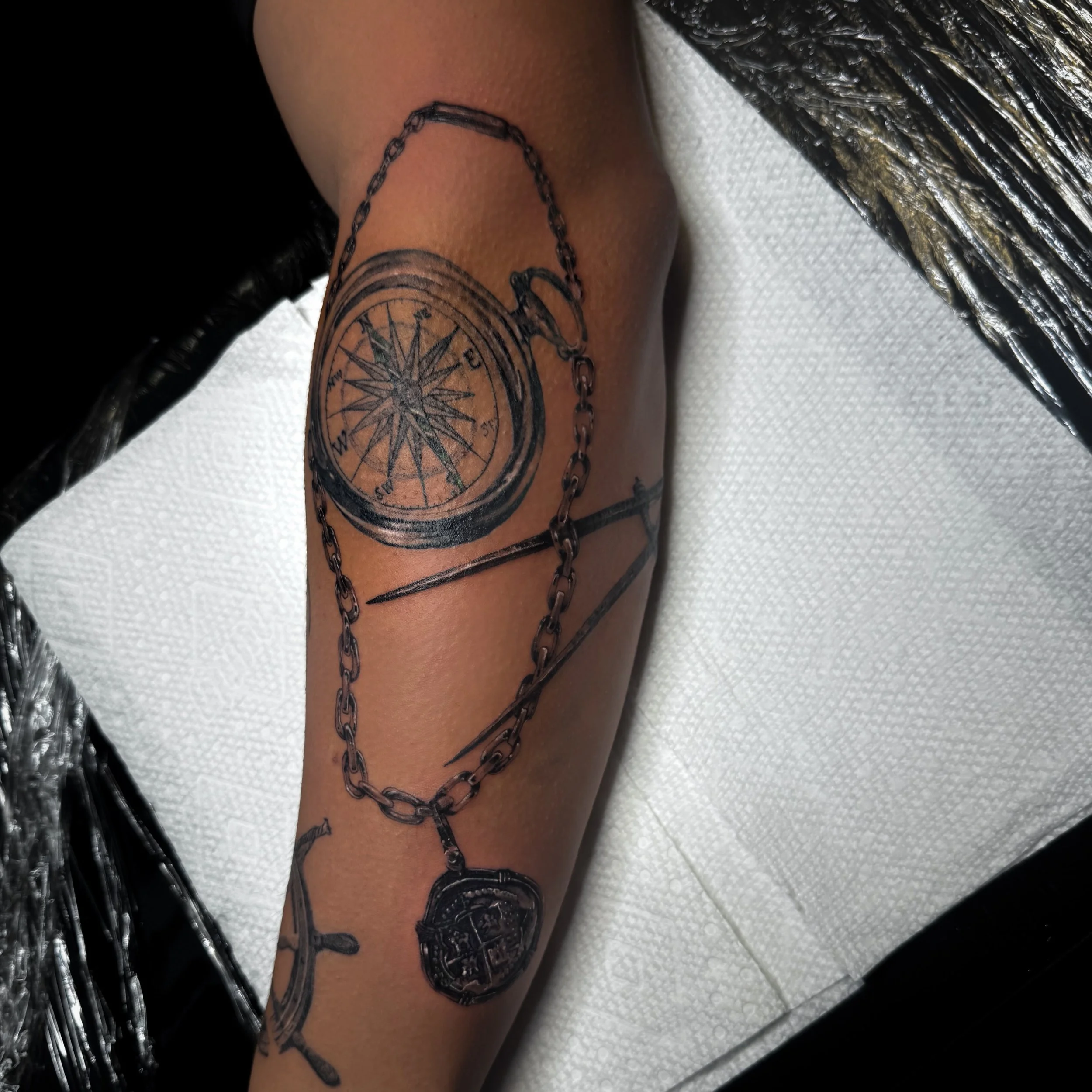 Super fun piece to work on! Peep the Atocha coin 
.
.
.
#blackandgreytattoo #blackandgreyrealism #realismtattoo #realismtattoos #stuart