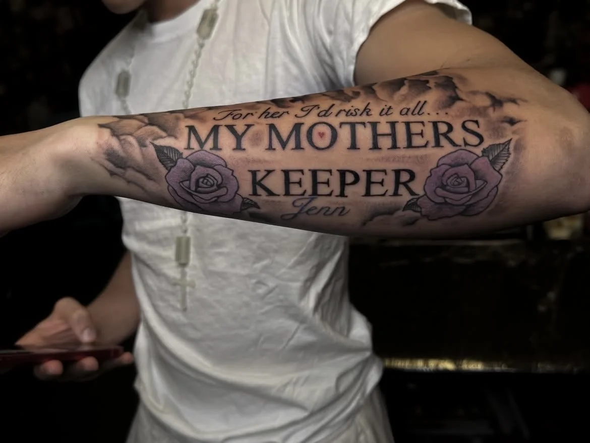 lettering tattoo, rose tattoo, black lettering tattoo, in Stuart, Sewall’s Point, Hutchinson Island, Jensen Beach, Palm City, Port St. Lucie, Fort pierce, treasure coast and surrounding South Florida areas