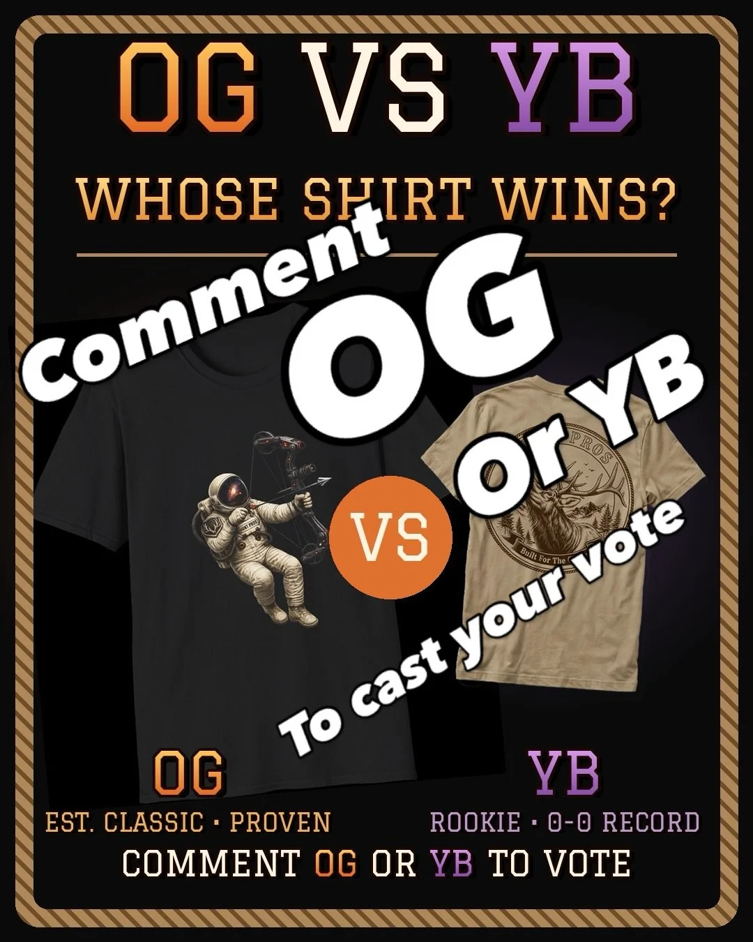 House divided. 🏠
OG is rolling with the Space Cowboy &mdash; astronaut with a bow. A proven classic.
YB brought the new elk. Fresh off the drawing board, zero track record, all hype.
Do the right thing. Vote OG. 👇
(YB votes accepted out of pity.)
#