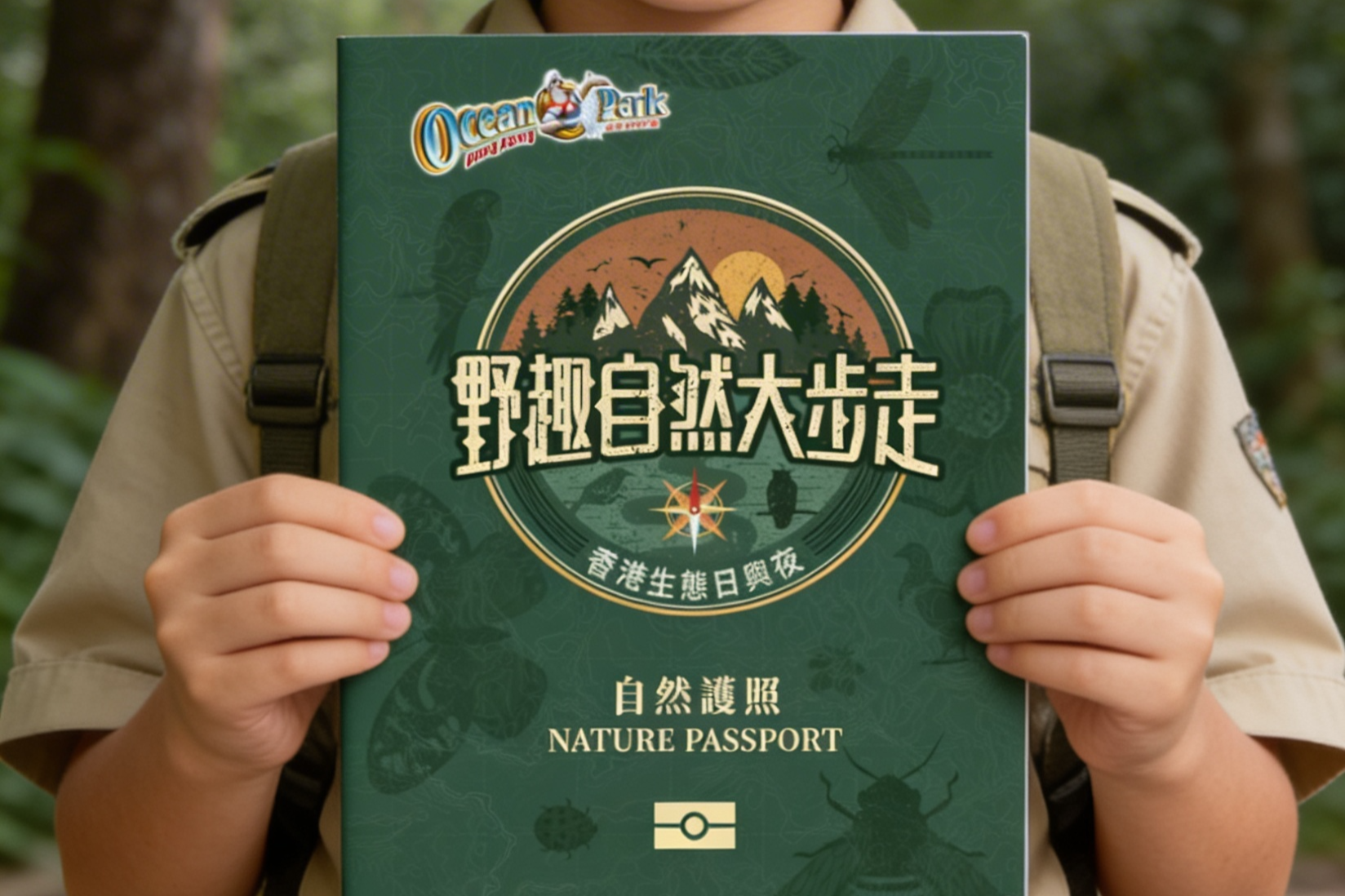 A person in a beige jacket holding a green nature passport with mountains, trees, and animal illustrations on the cover, in an outdoor forest setting.