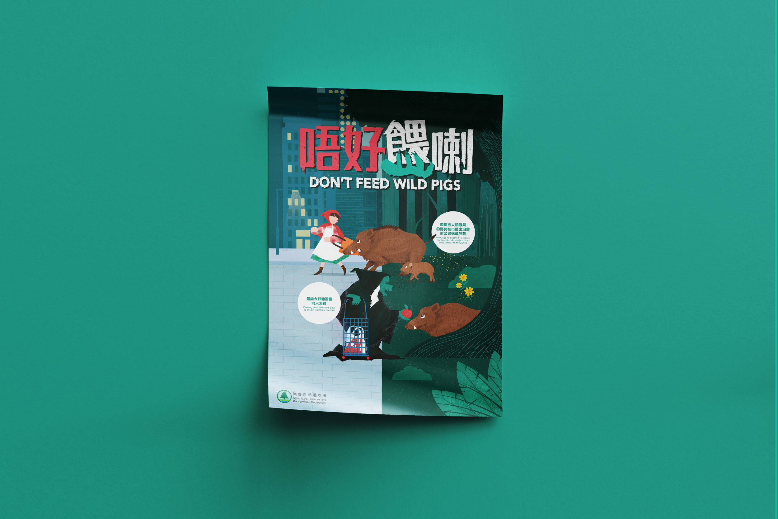 A brochure titled 'Don't Feed Wild Pigs' with illustrations of wild pigs and a woman feeding a pig, set against a cityscape background and greenery.