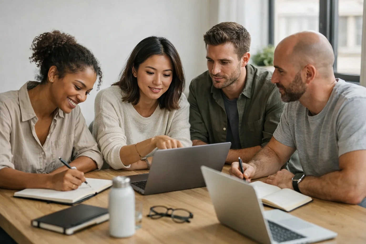 Four diverse colleagues gathered around a table, collaborating on a project with laptops, notebooks, and pens in a bright office.