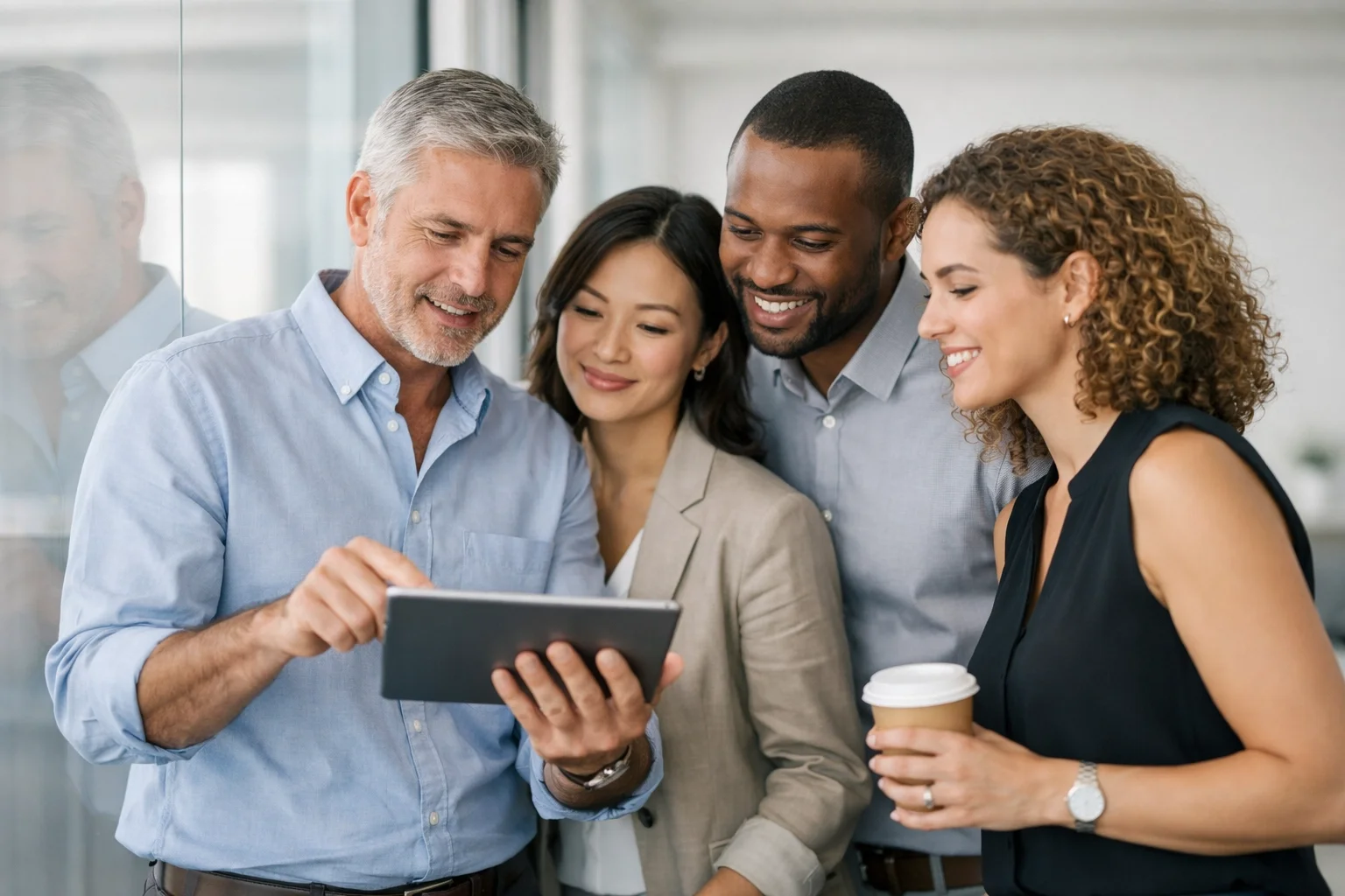 Four diverse colleagues looking at a tablet and smiling in an office.