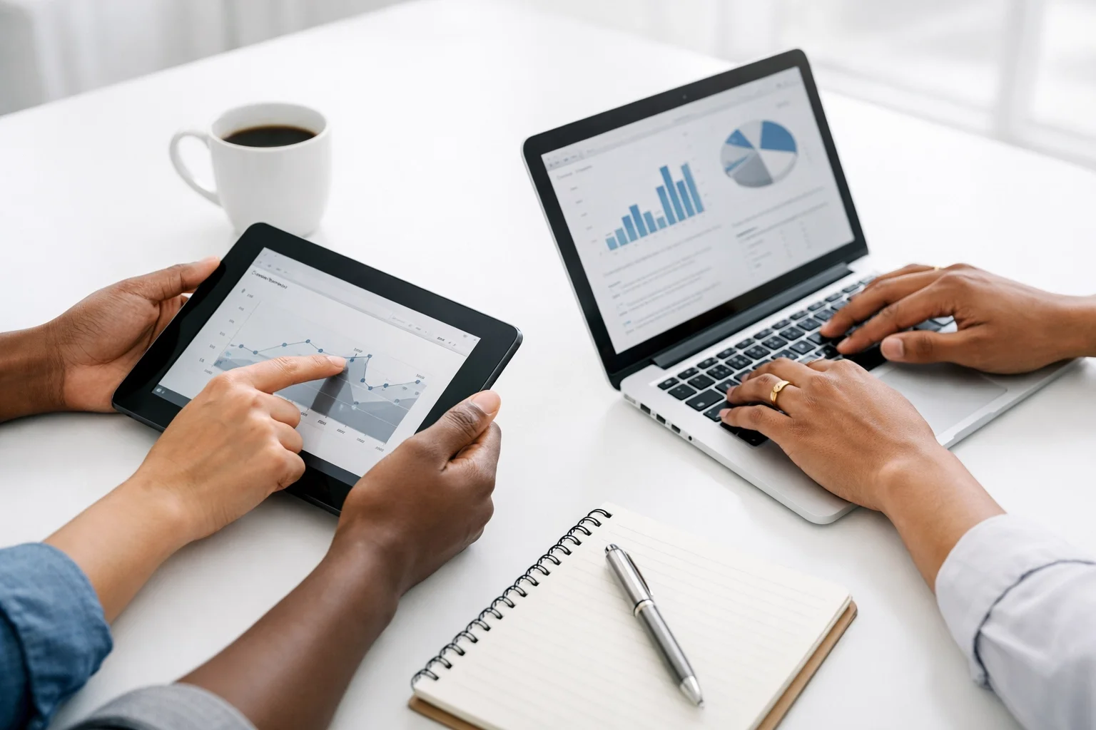 Two people working with data on a tablet and laptop, with graph and chart on screens, a coffee mug, a notebook, and a pen on a white table.