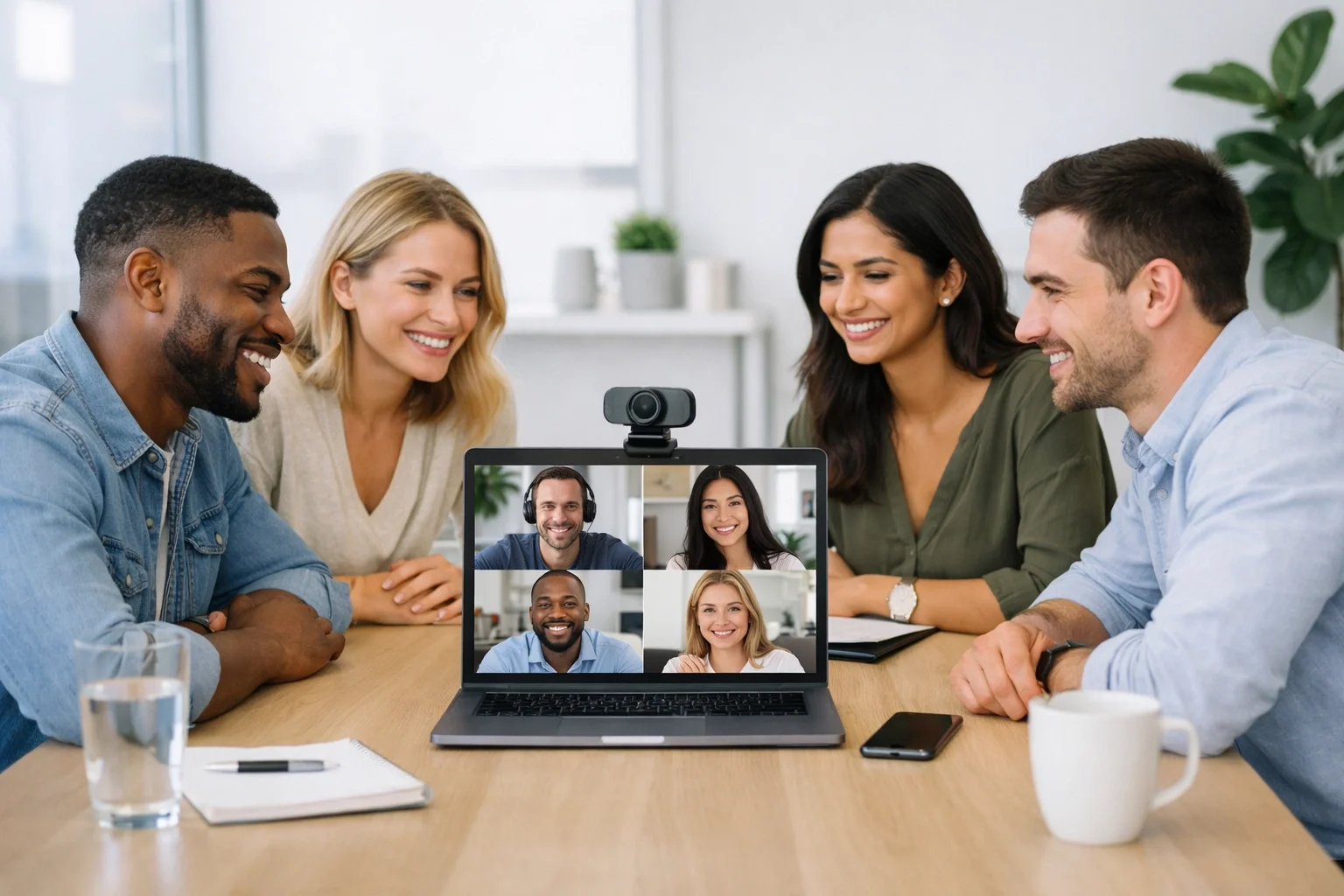 Group of four diverse colleagues participating in a video conference call on a laptop, sitting at a table in an office.