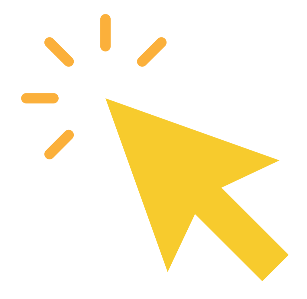 A yellow computer mouse cursor pointing towards a black computer mouse icon with four yellow lines around it, indicating clicking or selection.