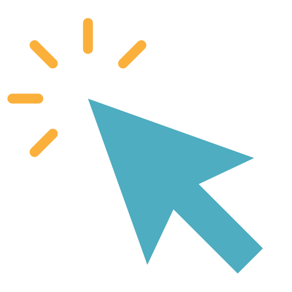 Icon of a blue computer cursor arrow clicking on a clock with gold tick marks indicating the time about 12:20.