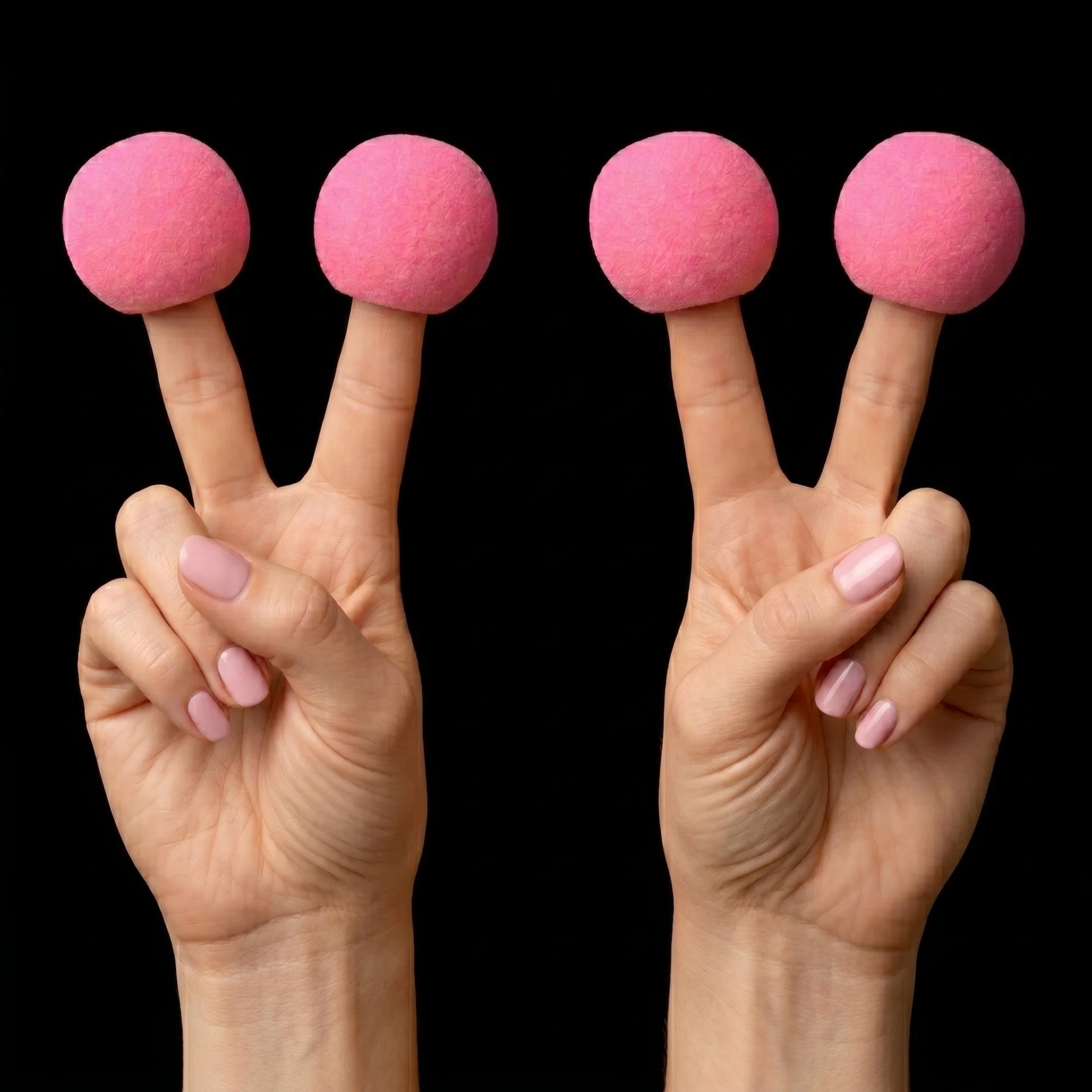 Close-up of two hands making the peace sign, each with a pink clown nose on the end of both fingers, against a black background.