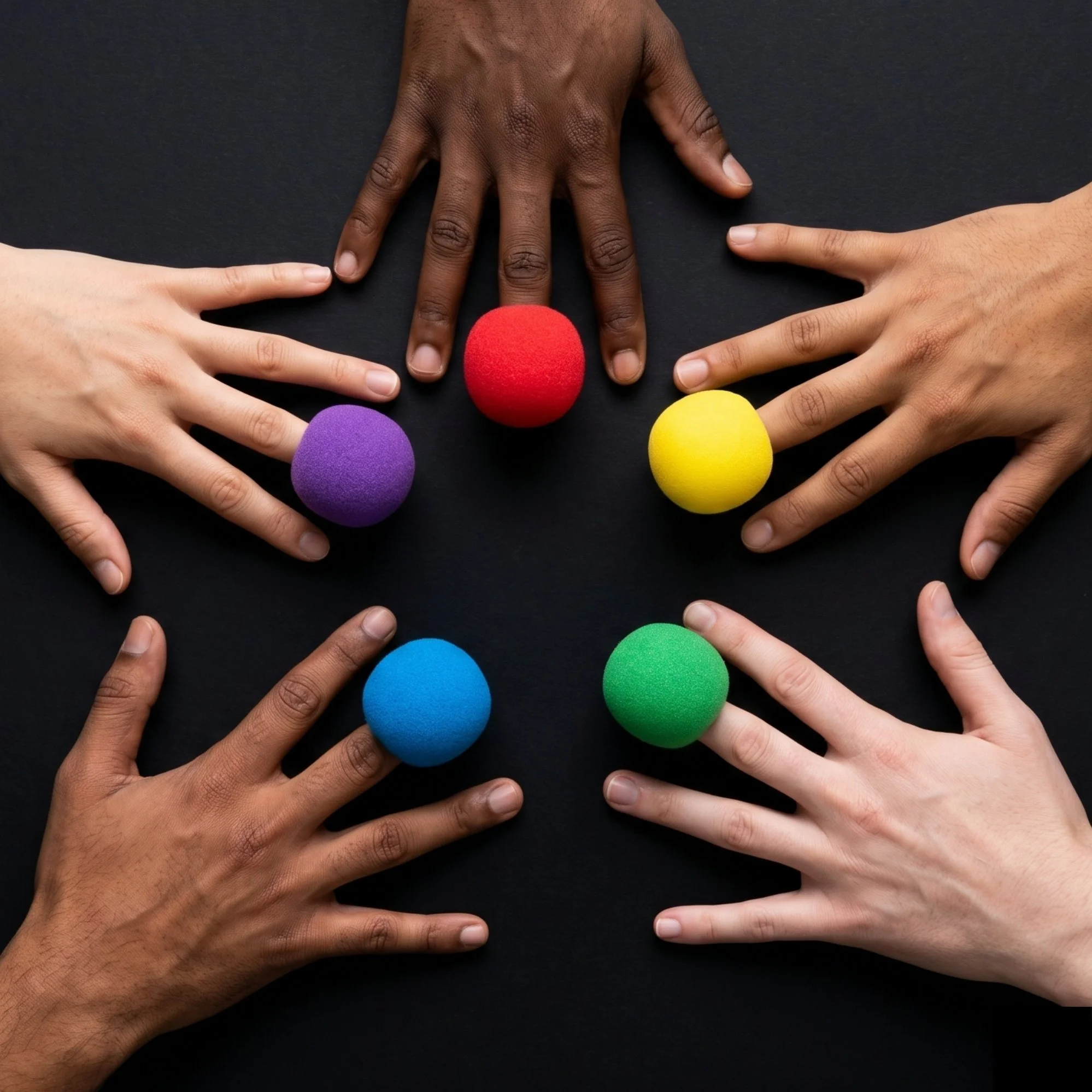Close-up of five hands of different skin tones, each with a coloured clown nose at the end of one finger, on a black surface.