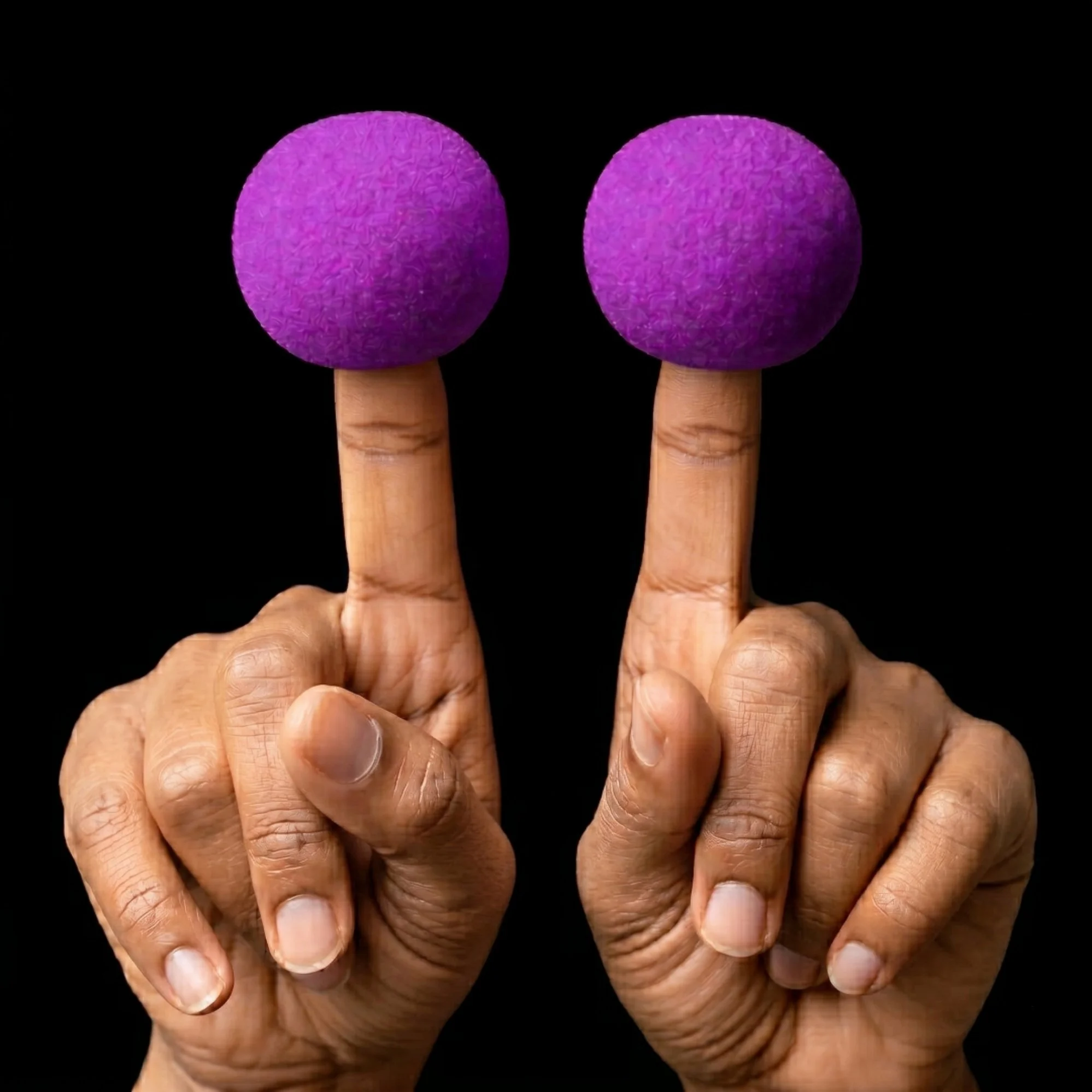Close-up of two hands, each with a purple clown nose on the end of a finger, against a black background.